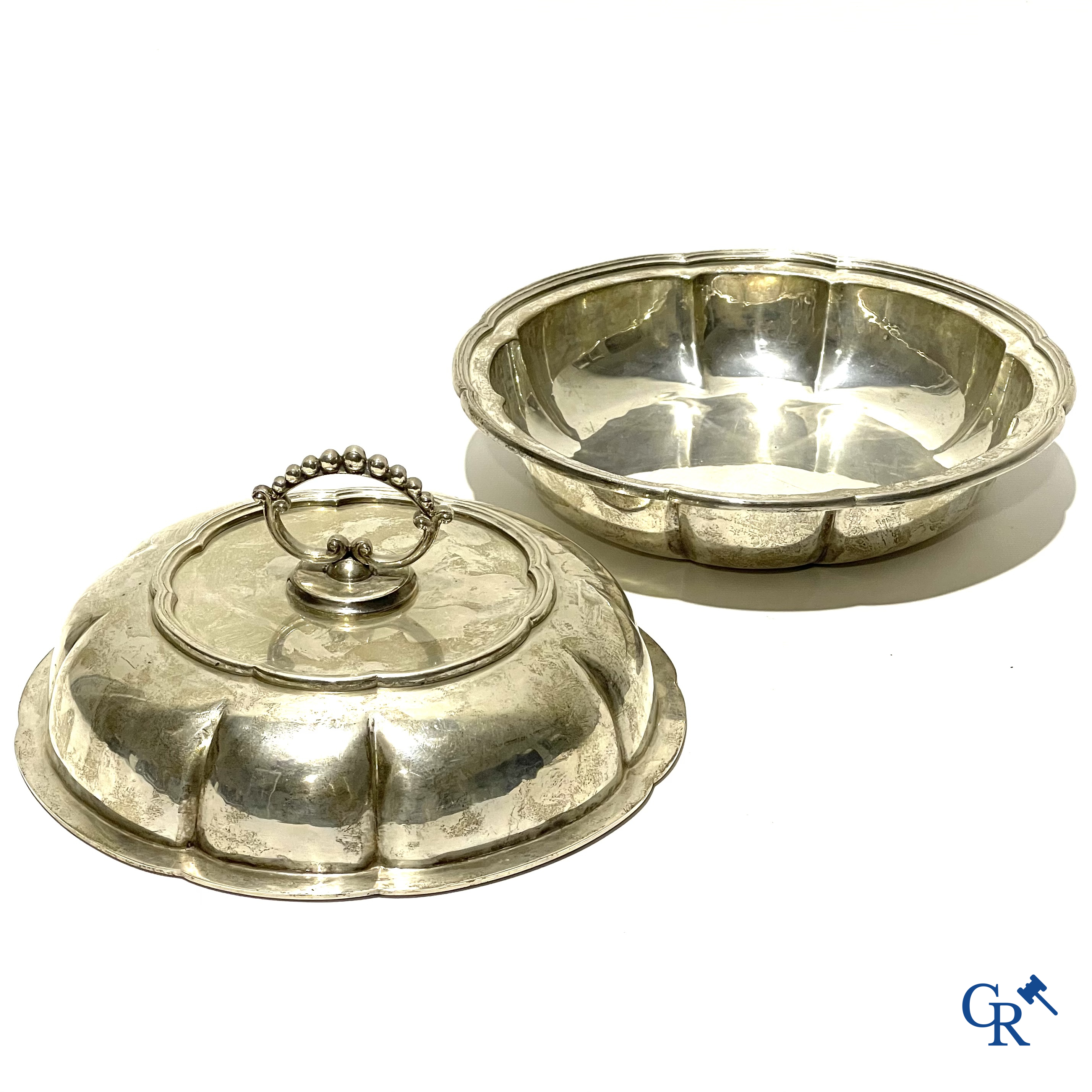 Silver. Large vegetable dish with lobed lid and openwork handle. Multiple hallmarks. 20th century.