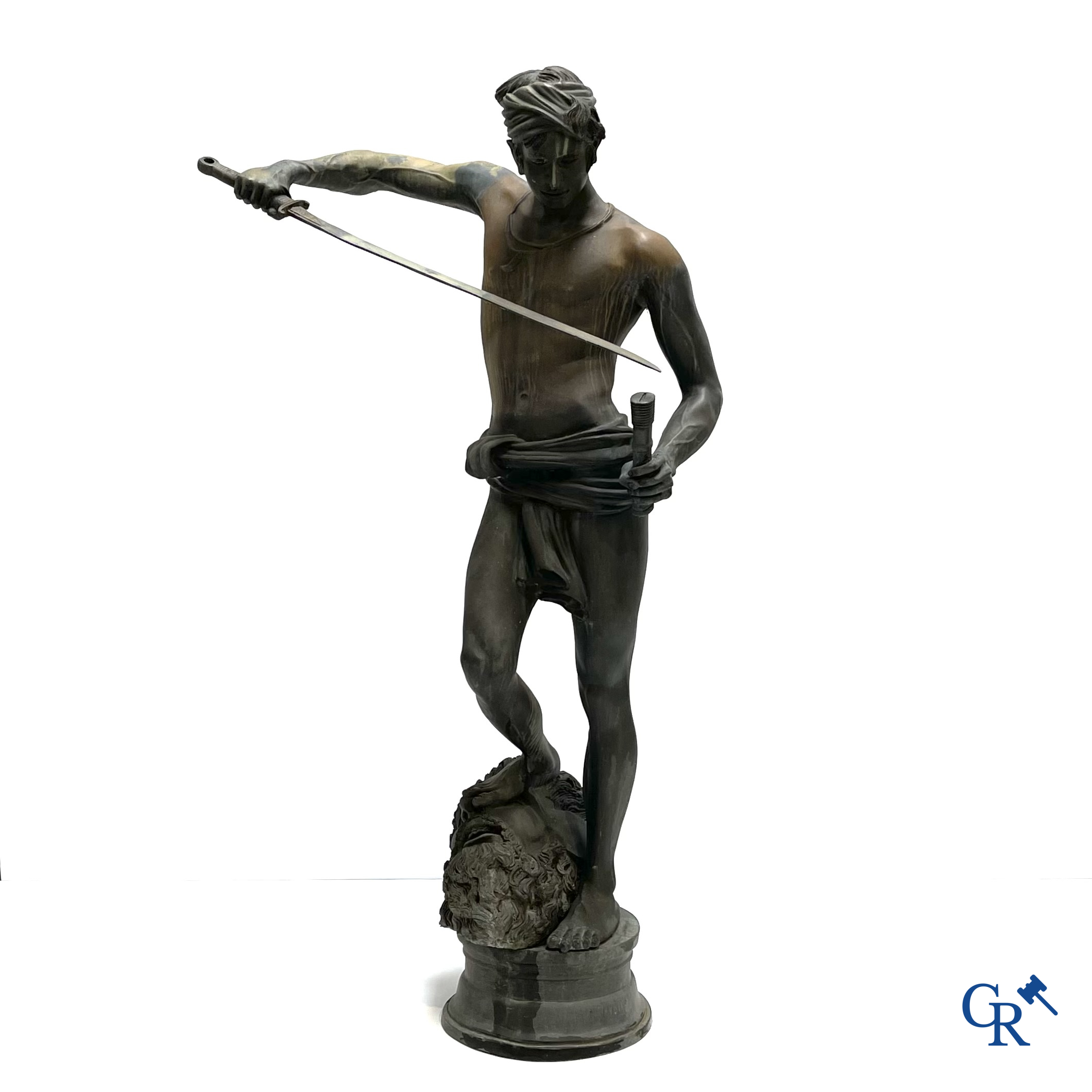 Antonin Mercié (after) Life-size bronze statue. David and Goliath. Signed A. Mercie. 20th century.