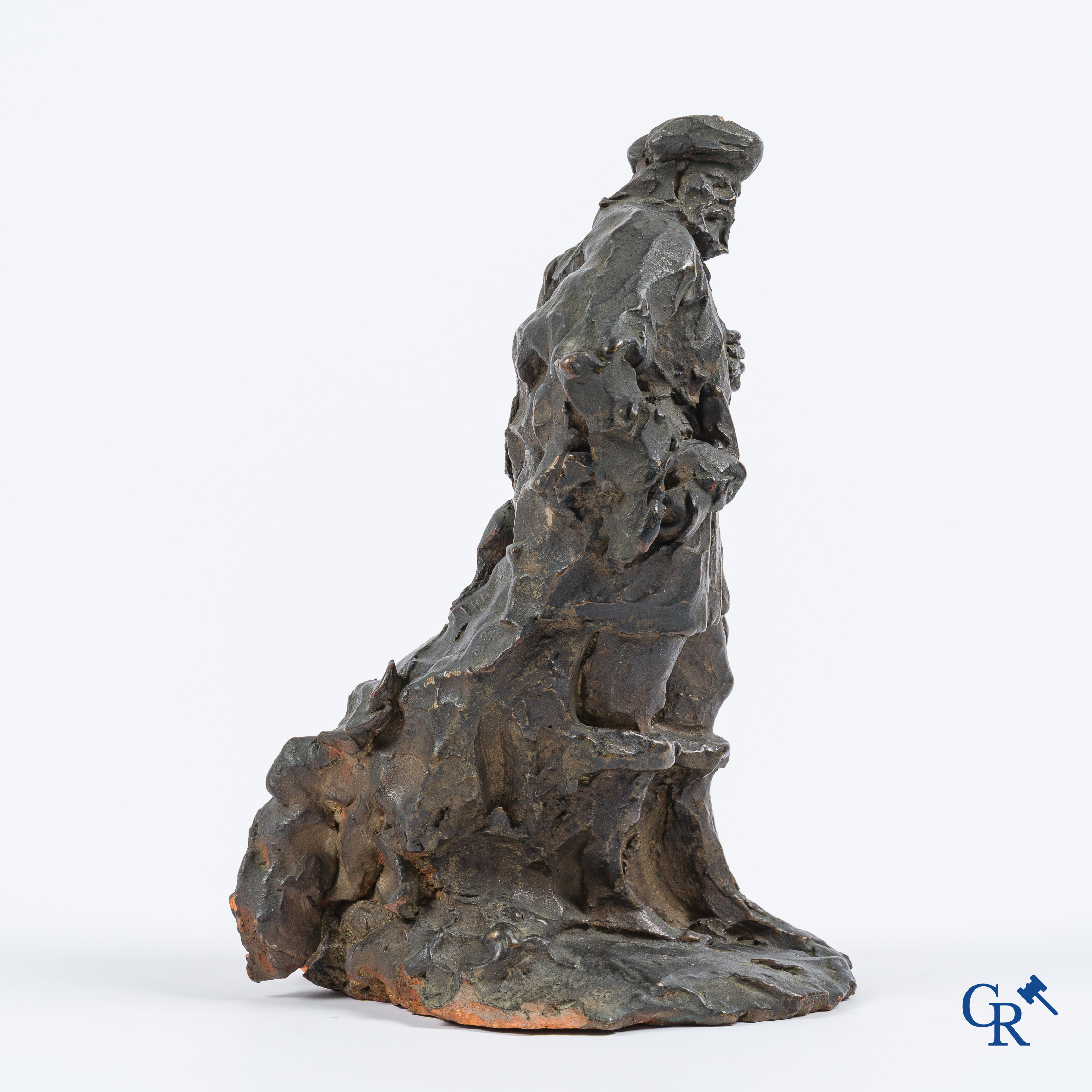 Esquisse (schets) in terra cotta van een jager met hond. Niet gesigneerd. 19e eeuw.