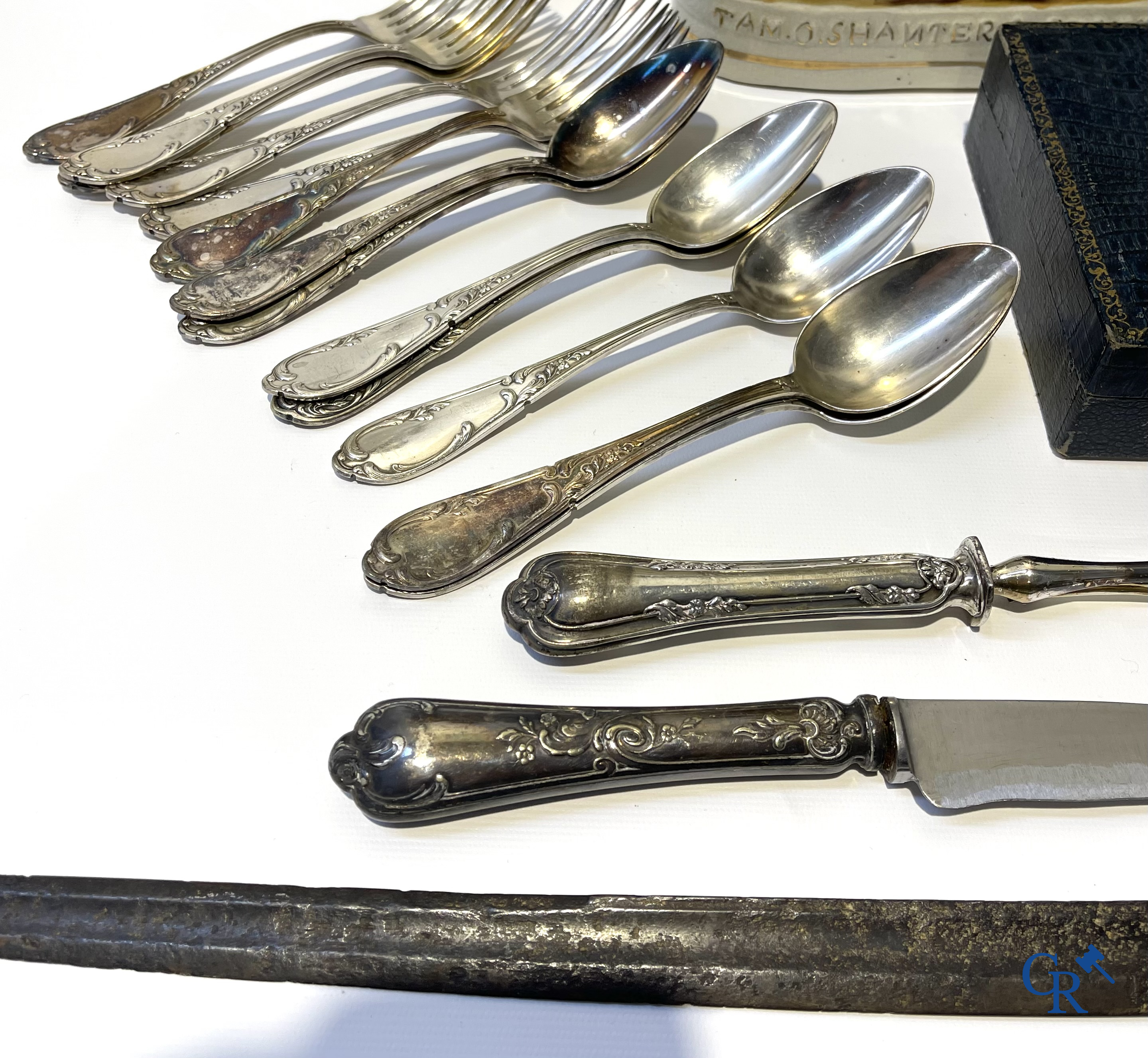 Lot antique items: Stafford, Vieux Paris, Grès, silver-plated cutlery, hunting sword 18th, palm tree Giuseppe Vasari, etc.