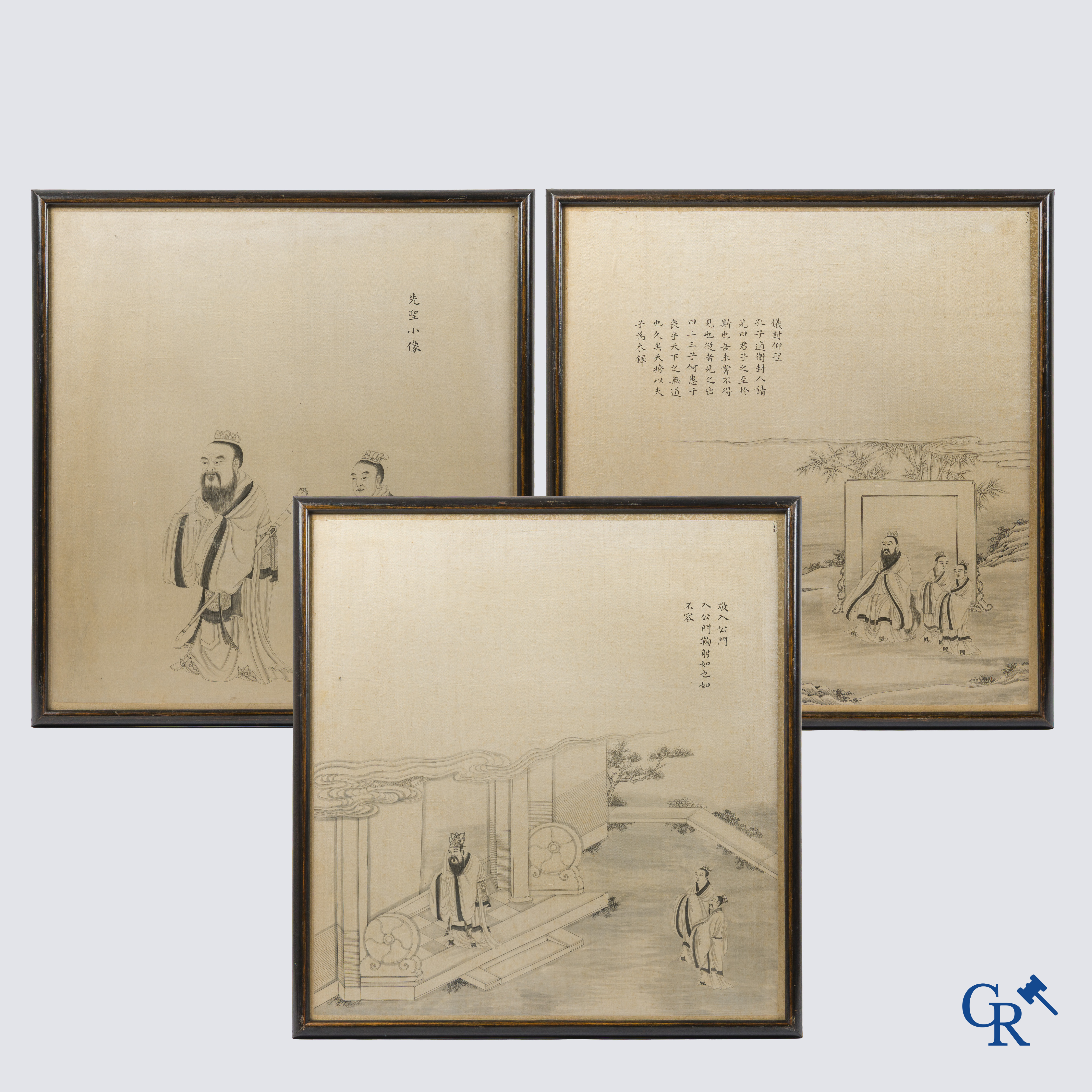 Aziatica, China. Reeks van 3 pentekeningen op zijde.