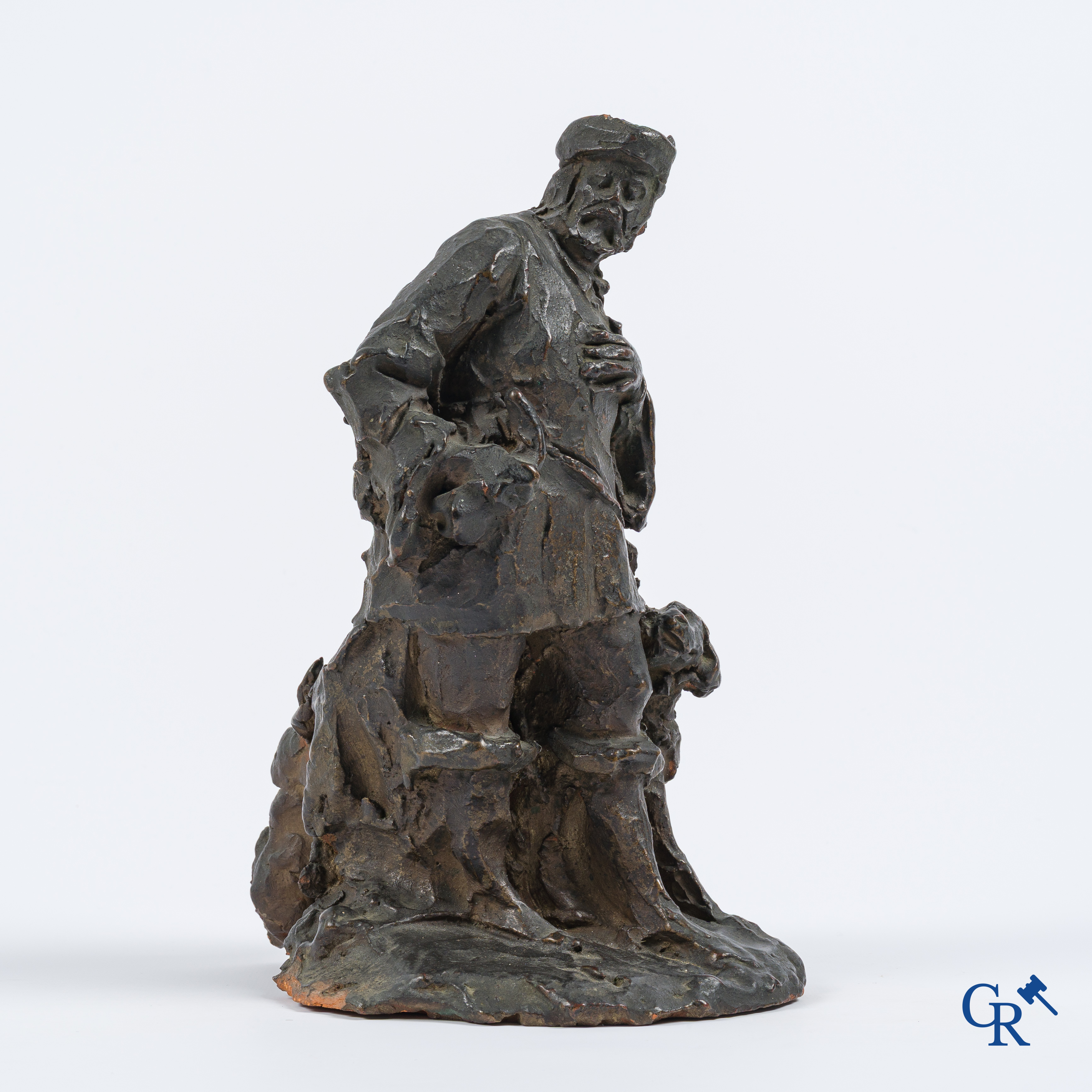 Esquisse (schets) in terra cotta van een jager met hond. Niet gesigneerd. 19e eeuw.