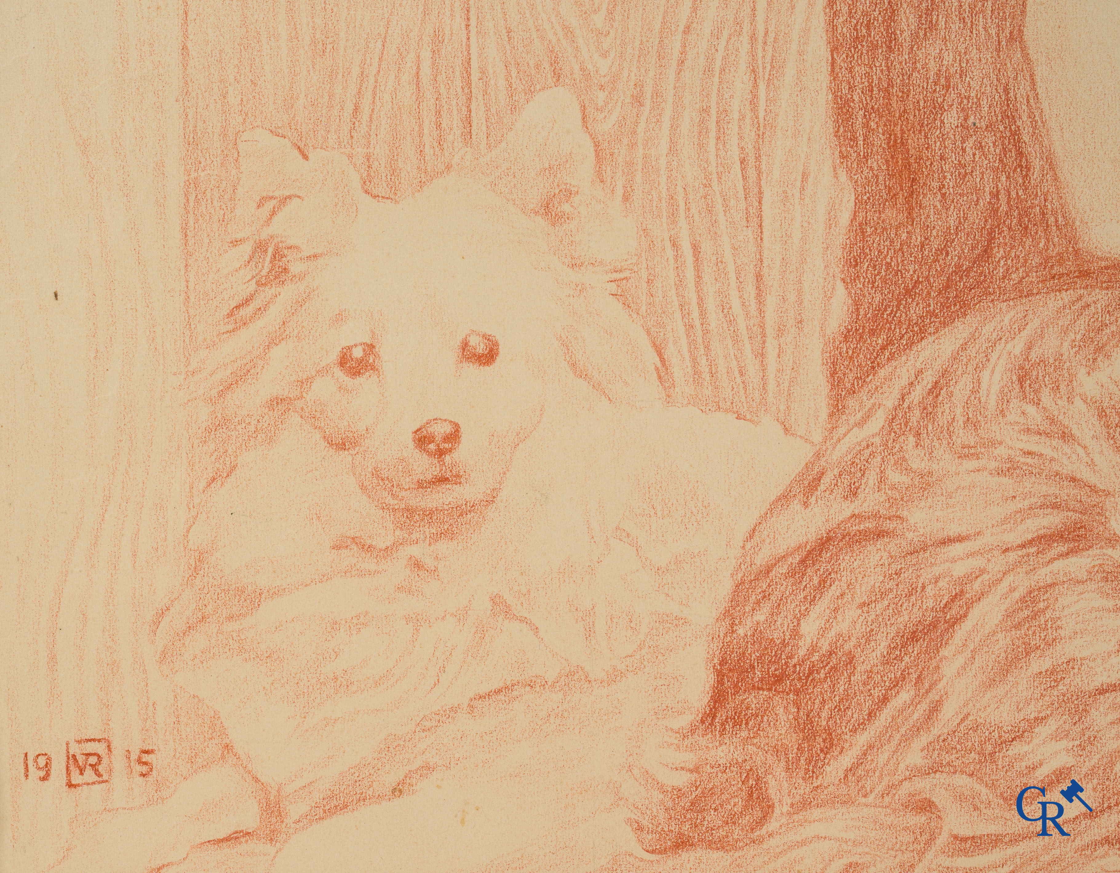 Théo Van Rysselberghe (1862-1926) Portrait of a lady with dogs. Red chalk on paper. Dated 1915.