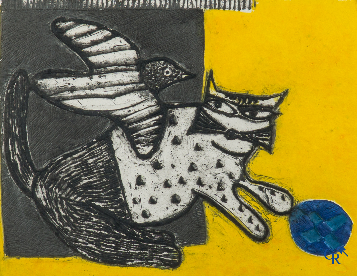 Corneille (1922-2010) De kat met de blauwe bal. Aquagravure. 2003, genummerd 45/70.