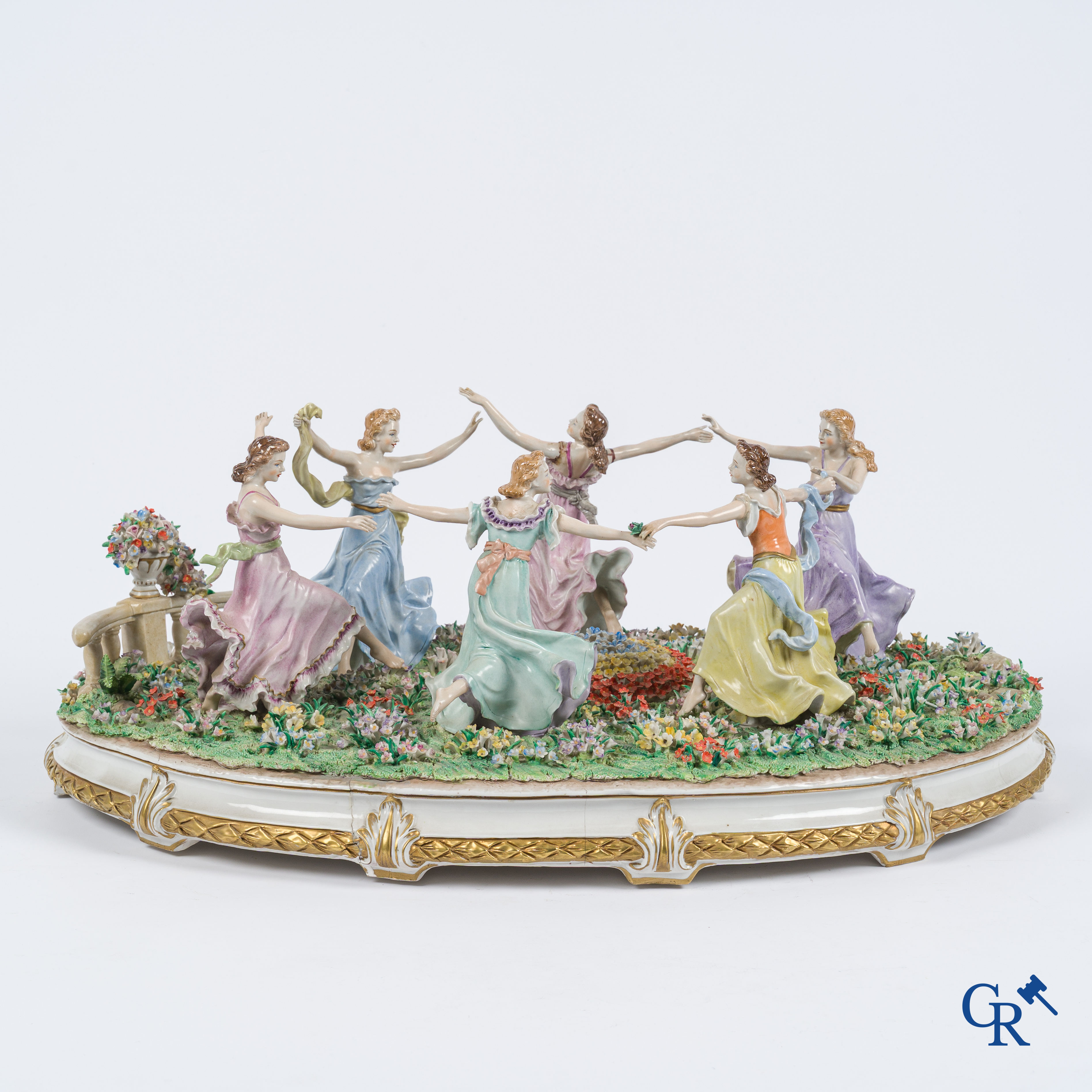 German porcelain. Large group in Saxon porcelain. Dancing ladies. Signed Sitzendorf.