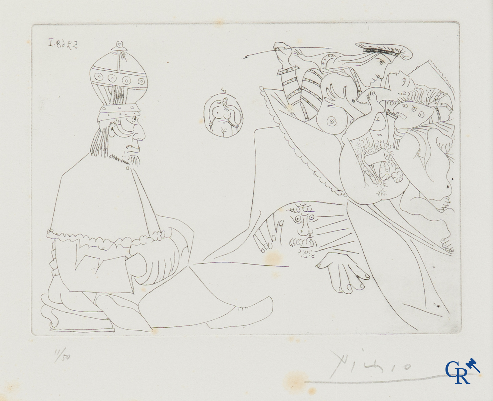 Pablo Picasso (1881-1973) Raphaël and the Fornarina. Ets. Genummerd 11/50. In plexi omlijsting.