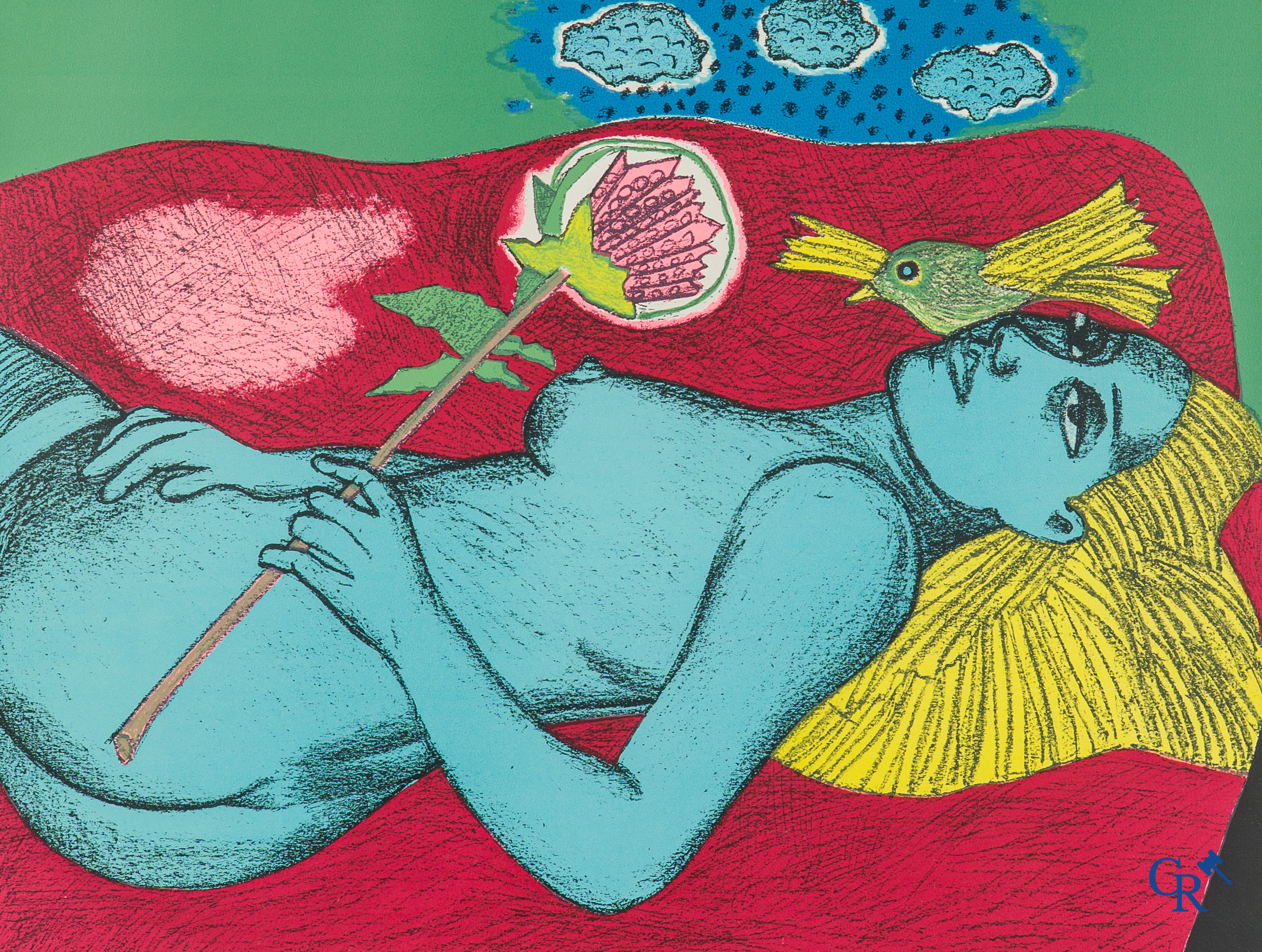 Corneille (1922-2010) Vrouw met bloemen. Kleurenlithografie. Gesigneerd, genummerd 93/120 en gedateerd '87.