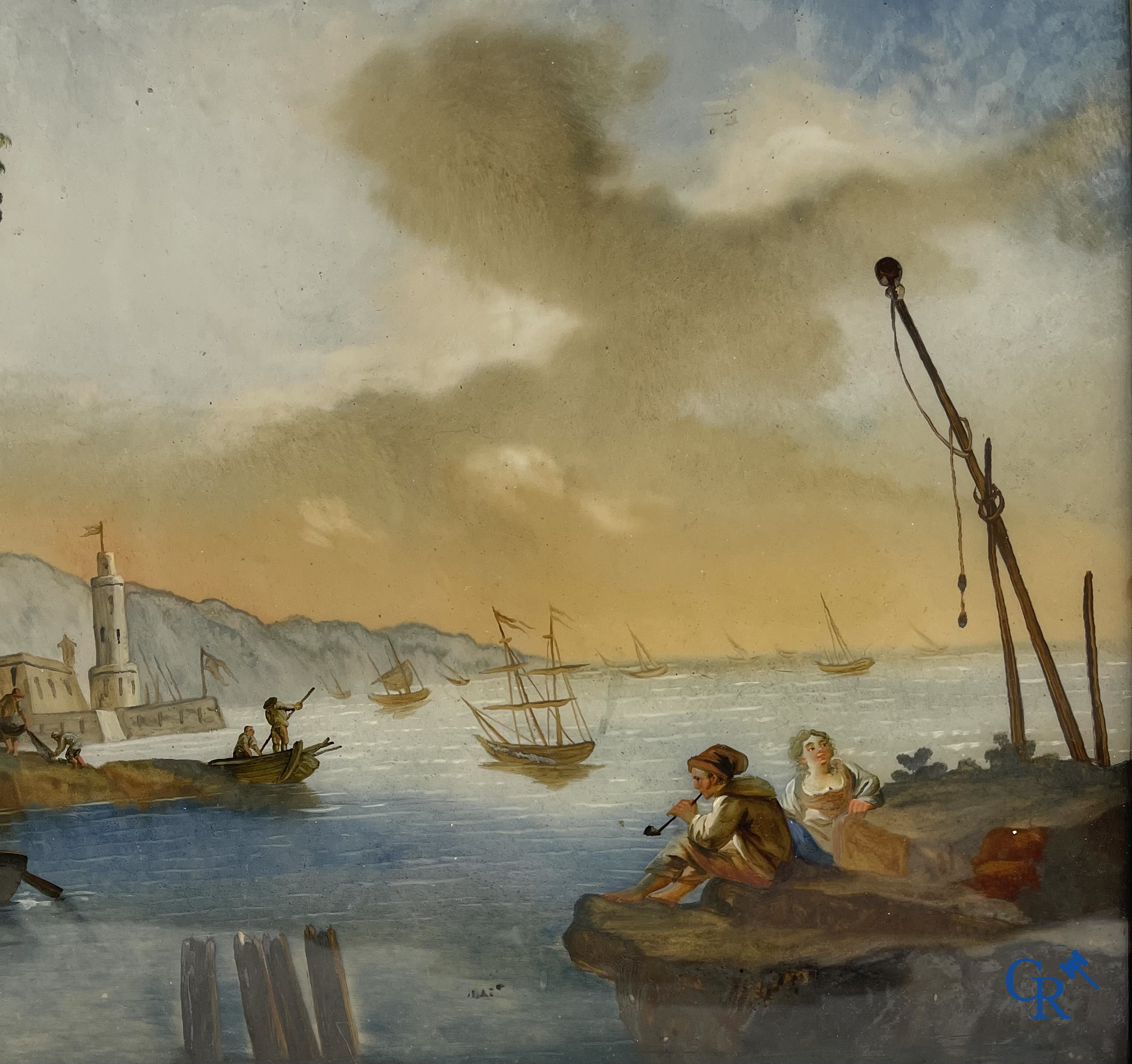 Achterglasschildering of Verre églomisé in de stijl van Claude Joseph Vernet. Italiaanse of Franse school circa 1800.