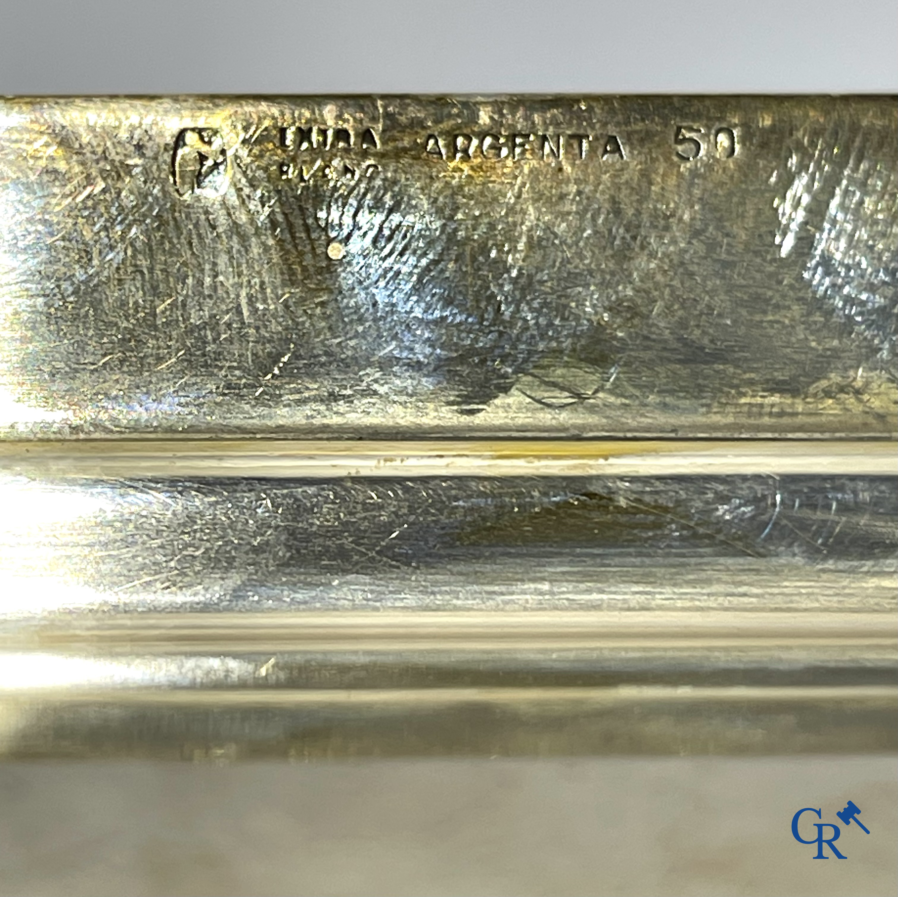 Pair of English sauce bowls with lid, a large rectangular tray and an octagonal tray in silver-plated metal.