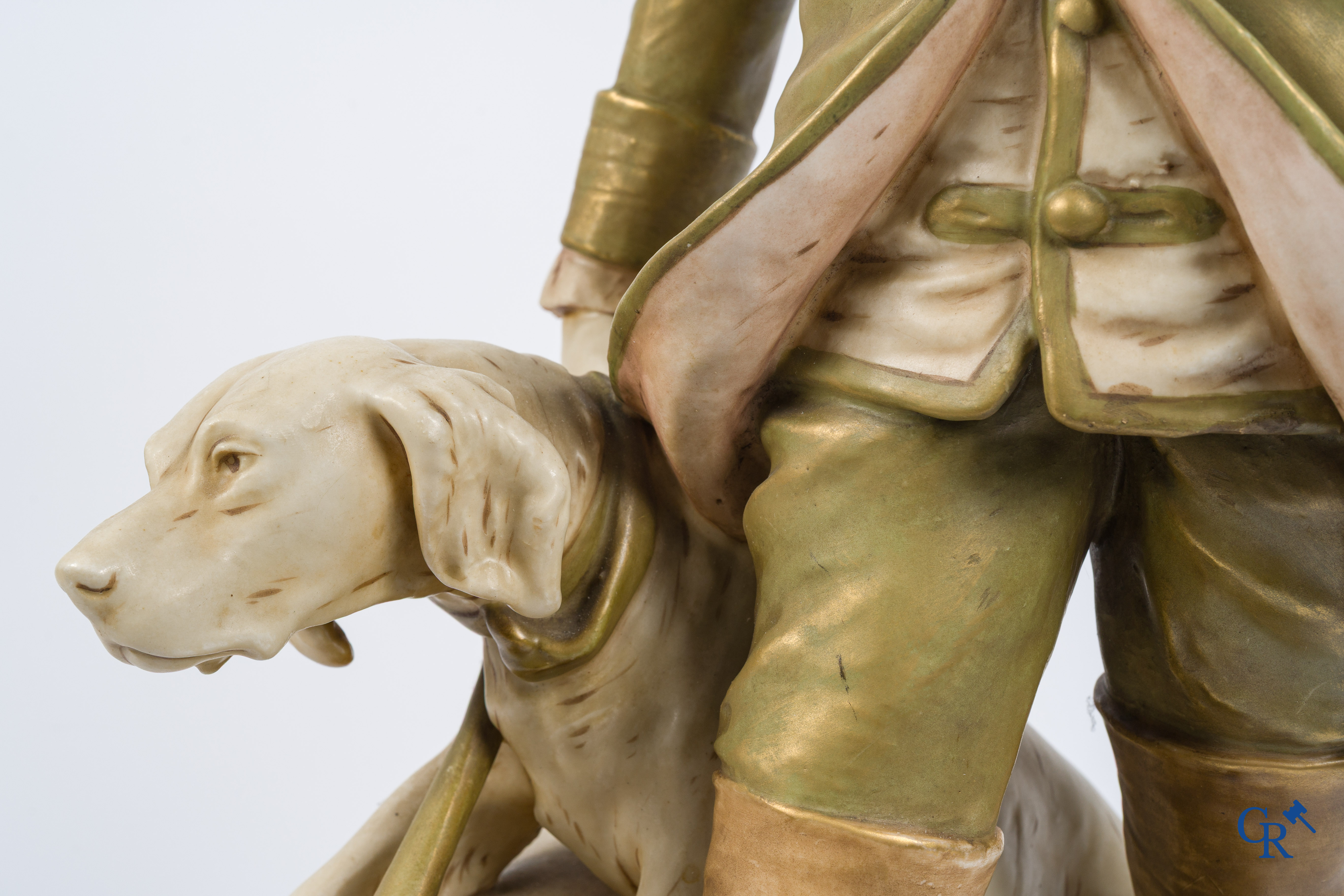 Royal Dux Bohemia. "Piqueur au Relais" Large polychrome group after the model by Hippolyte Moreau and Prosper Lecourtier.