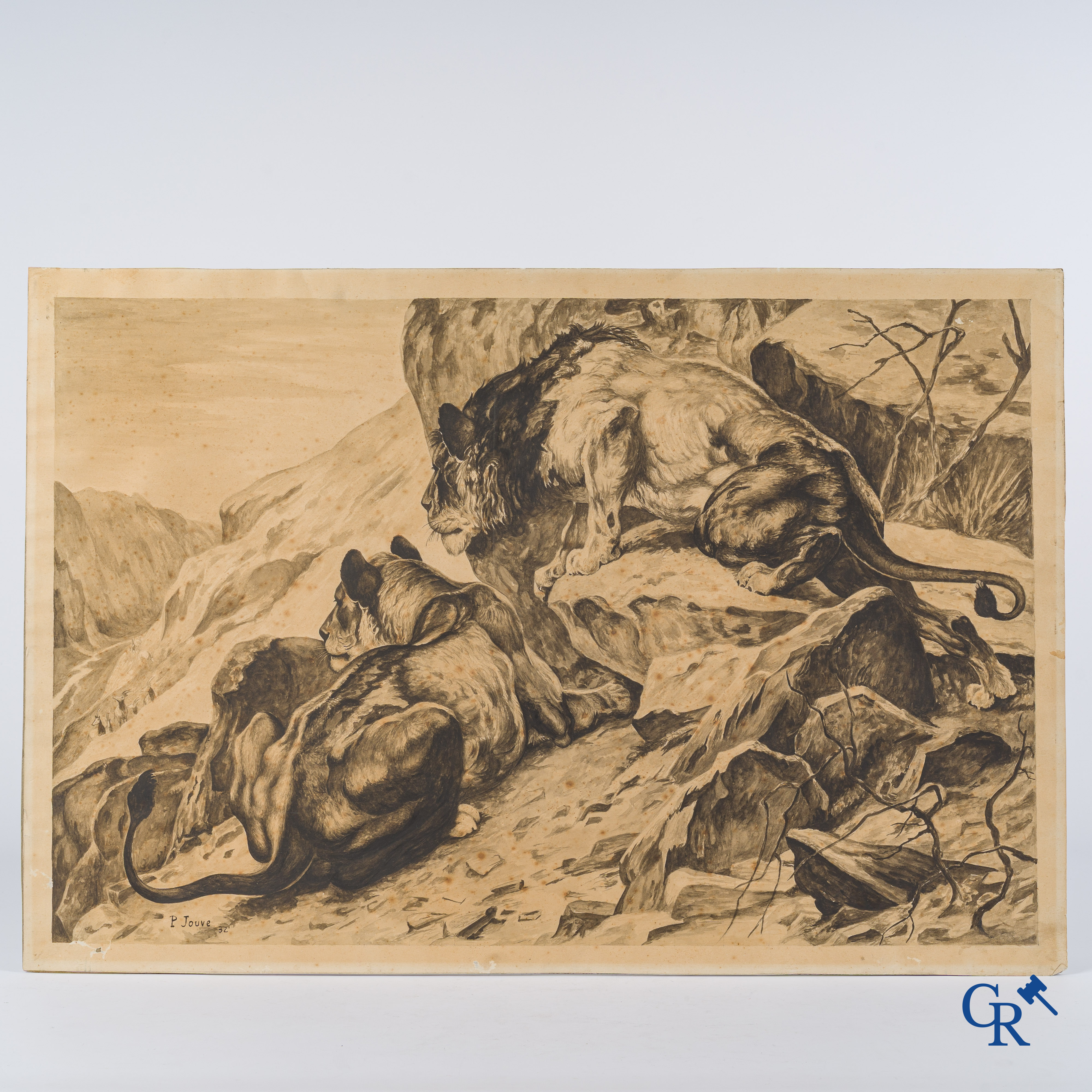 Jouve Paul (1878-1973) 2 leeuwen observeren hun prooi. Waterverf en potlood op tekenpapier. Gedateerd 1932.
