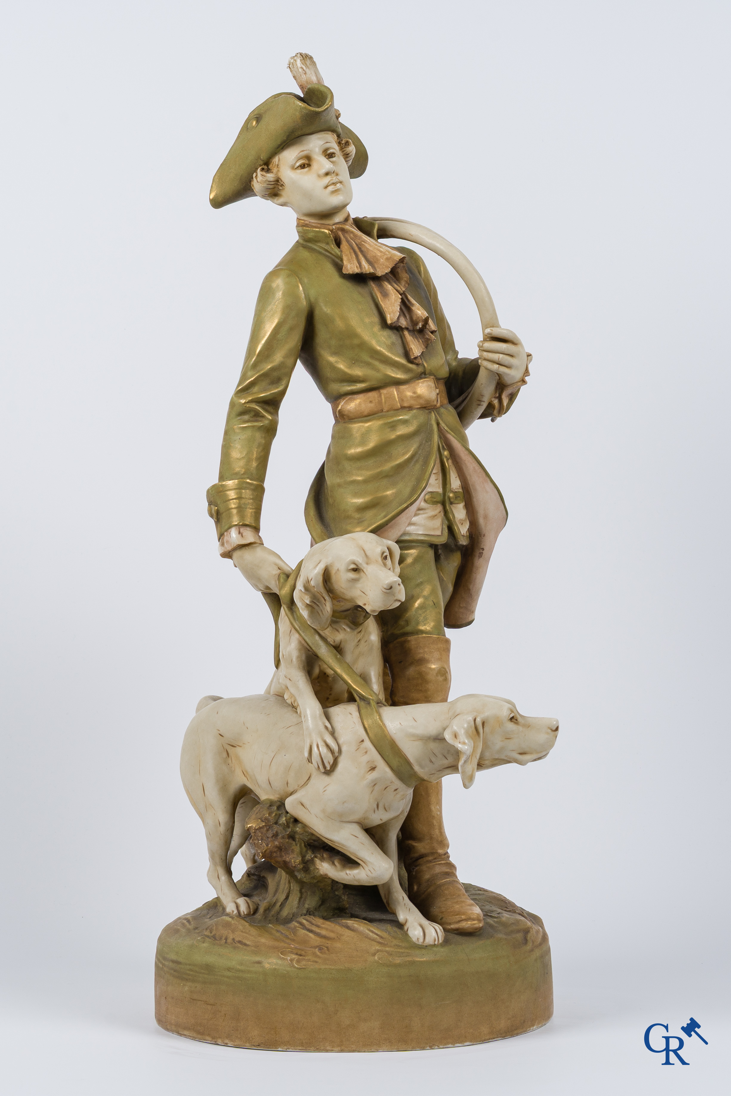 Royal Dux Bohemia. "Piqueur au Relais" Large polychrome group after the model by Hippolyte Moreau and Prosper Lecourtier.