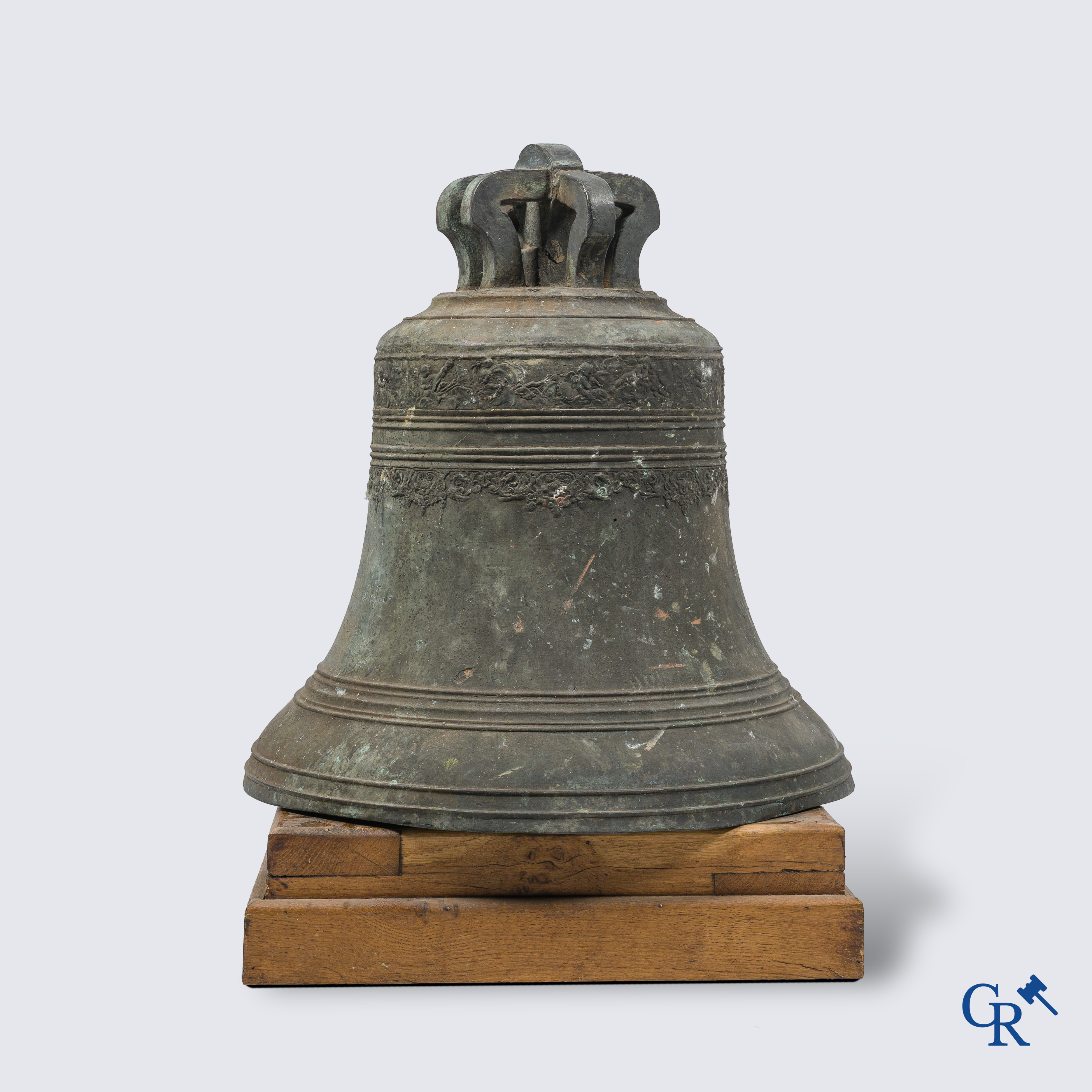 Religious objects. Large bronze church crown bell. Inscription band with angel motifs.
