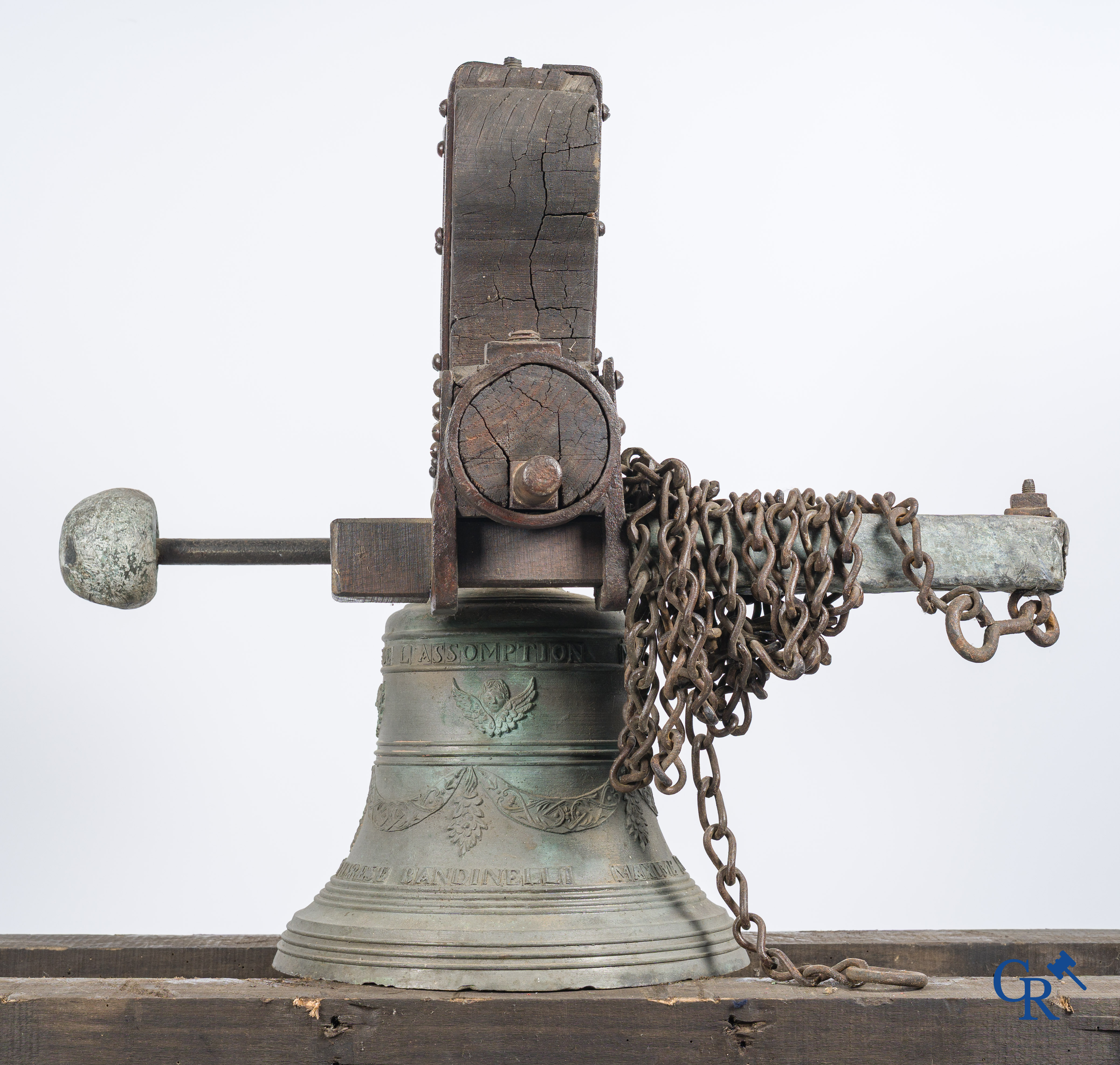 Large bronze bell with wooden yoke. Decorated with winged angels and garlands. Inscription band. Nice 1864.