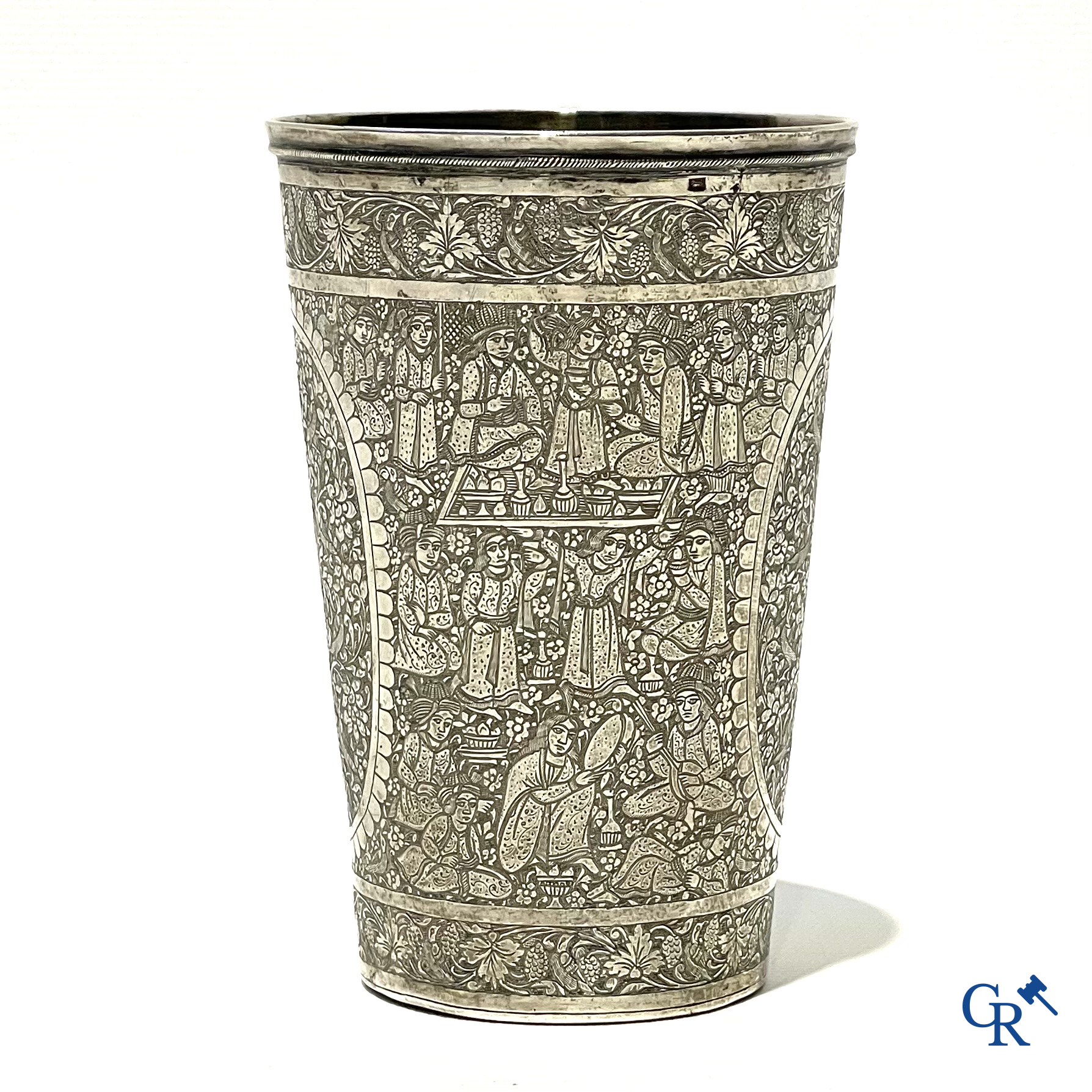 Finely engraved Persian silver cup with a tree of life and scenes from court life. 19th century.