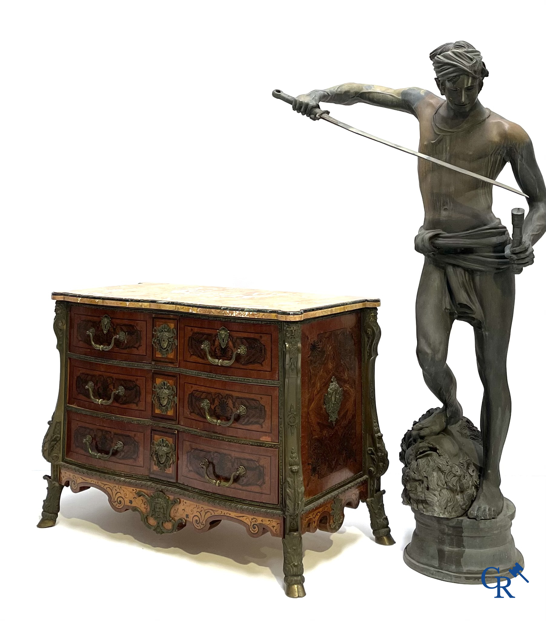 Antonin Mercié (after) Life-size bronze statue. David and Goliath. Signed A. Mercie. 20th century.