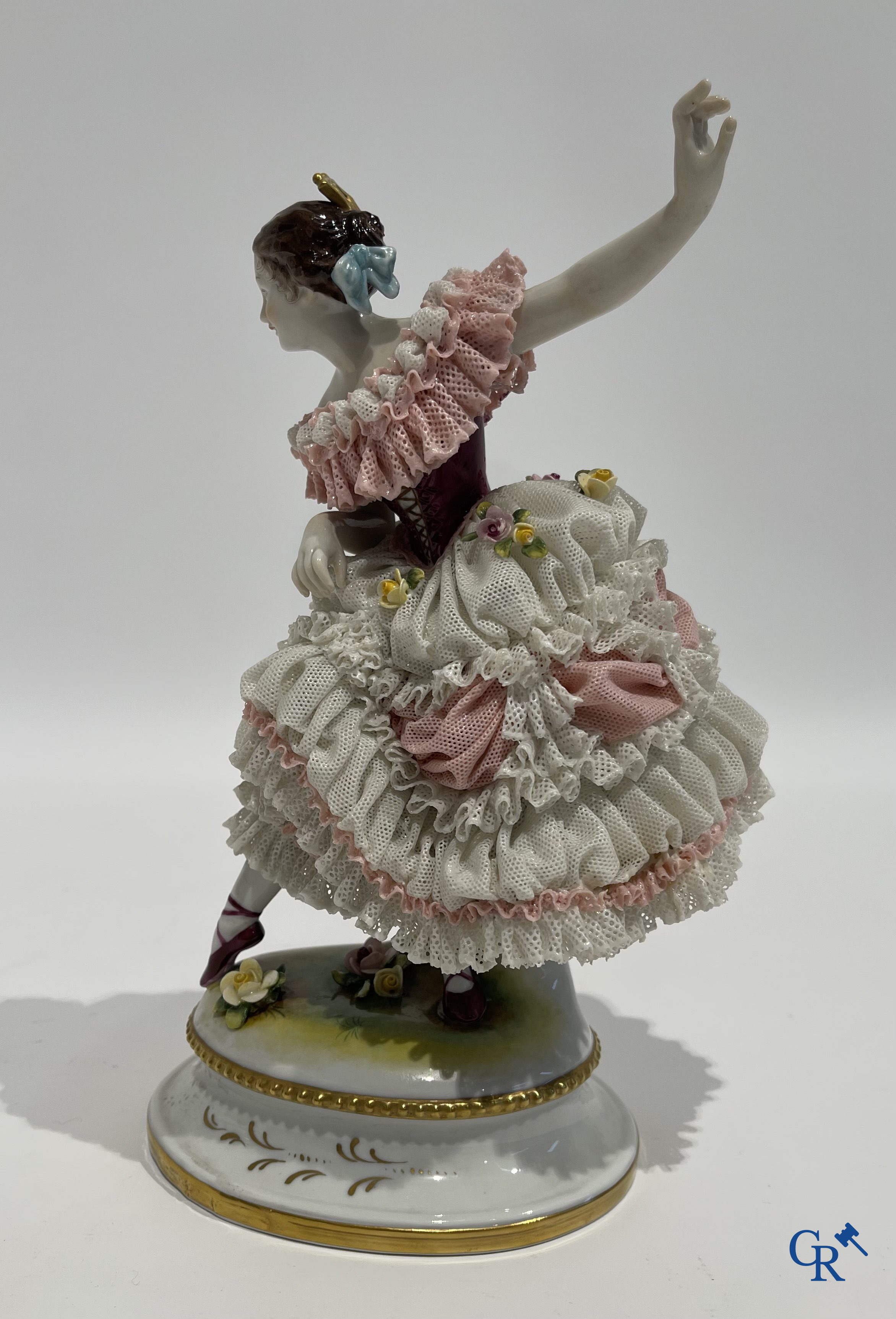 German porcelain. 3 groups in lace porcelain. Marked Volkstedt Rudolstadt and Sitzendorf.