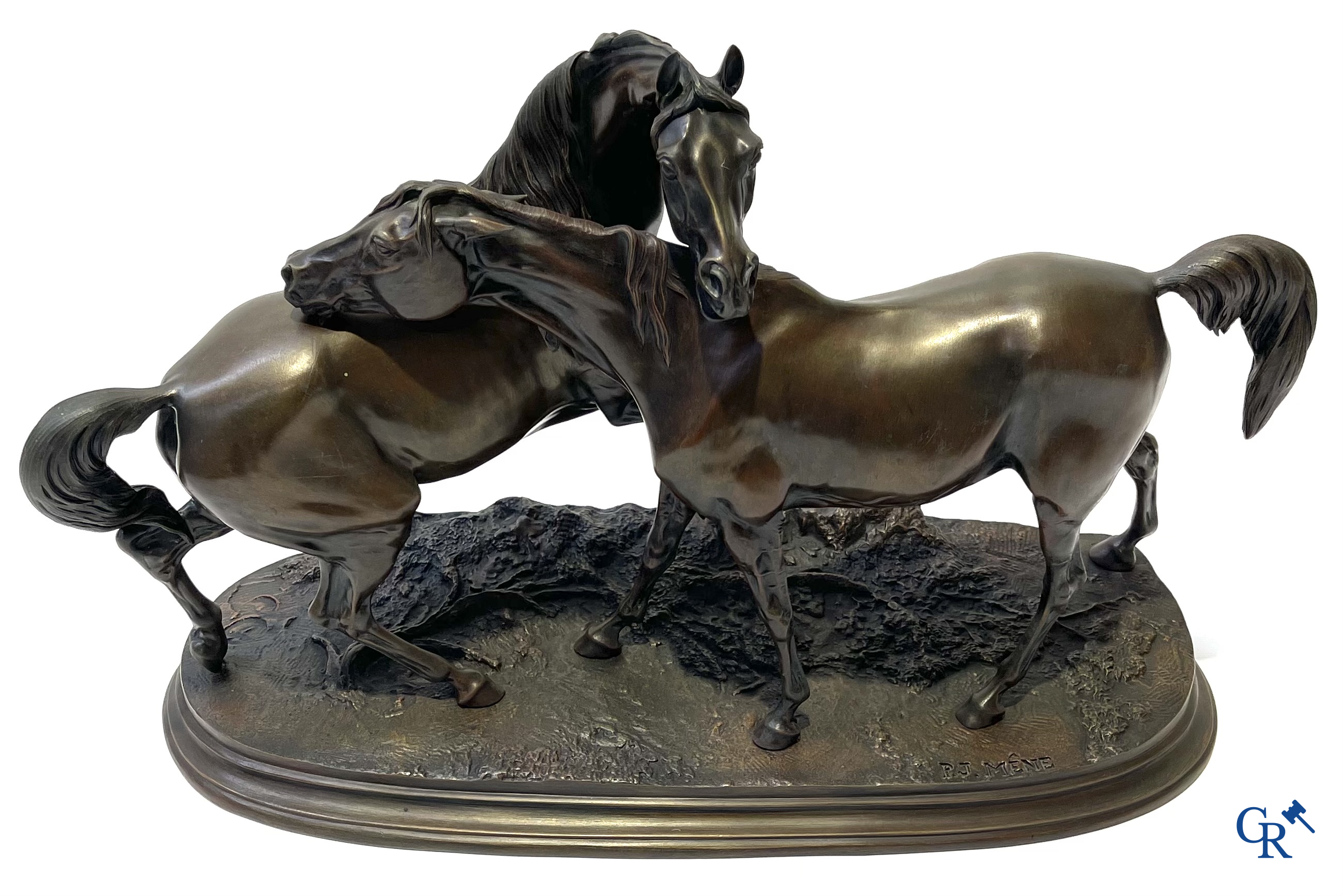 Pierre-Jules Mène (1810-1879) (Naar). L'Accolade, groep met Arabische paarden. Gesigneerd.