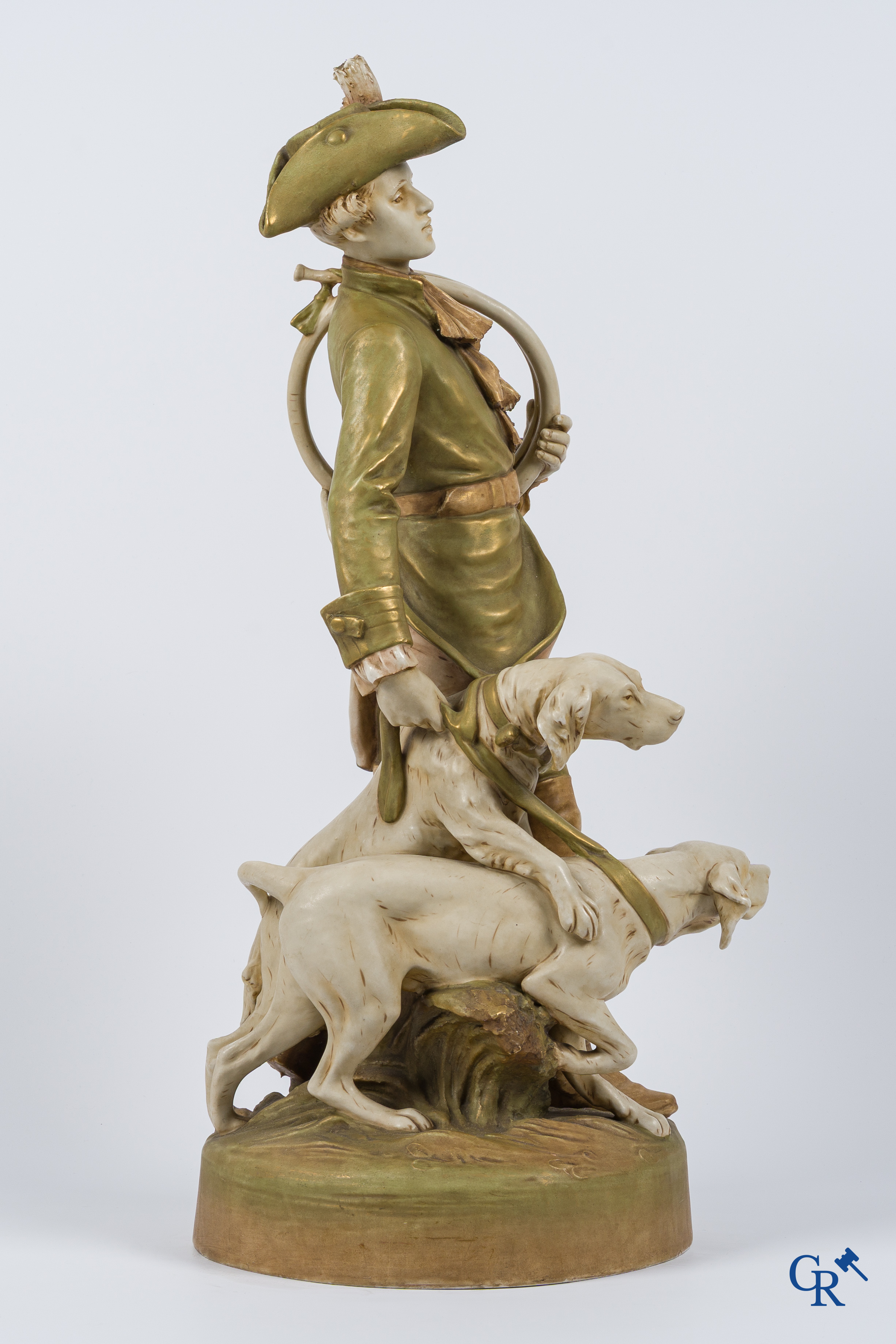 Royal Dux Bohemia. "Piqueur au Relais" Large polychrome group after the model by Hippolyte Moreau and Prosper Lecourtier.