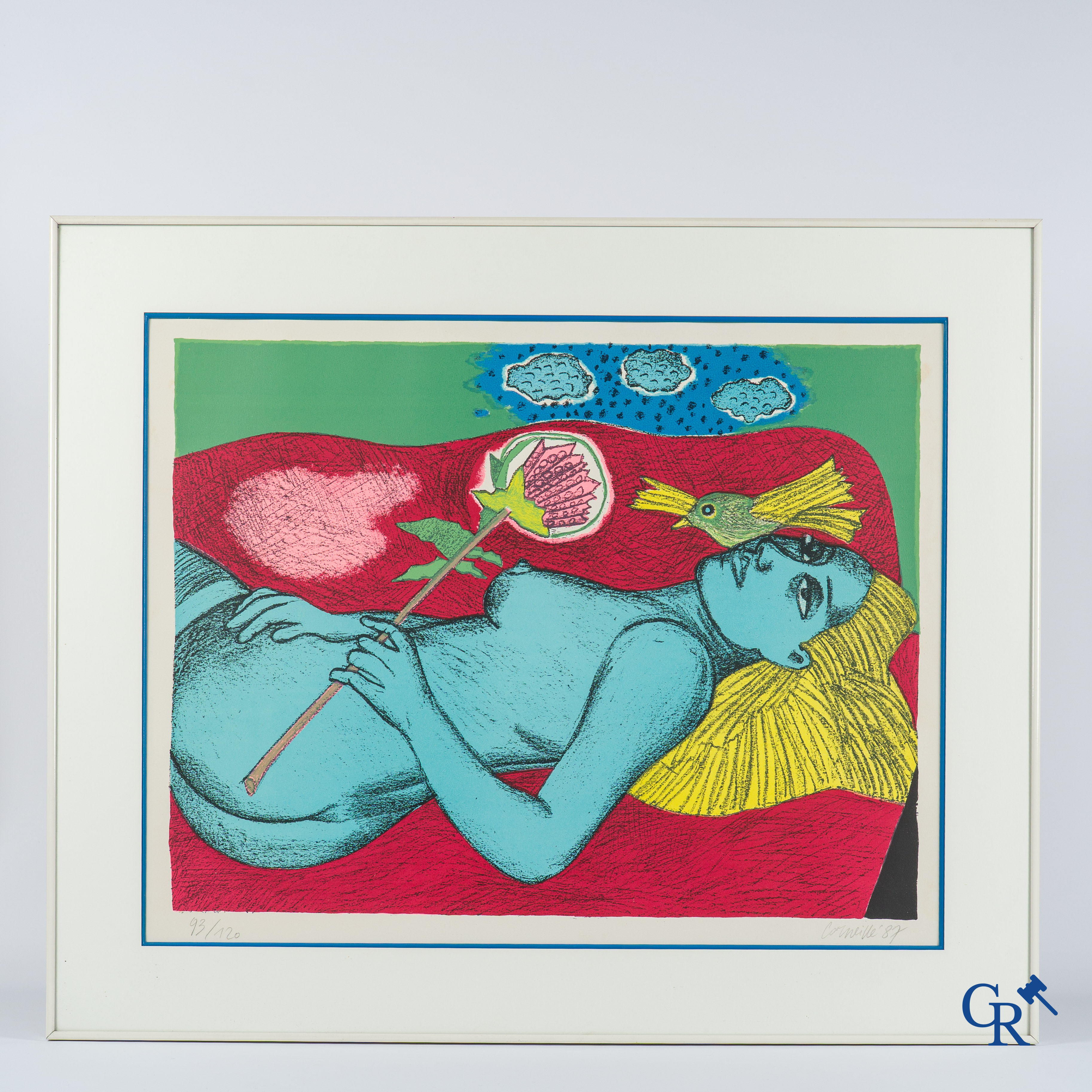 Corneille (1922-2010) Vrouw met bloemen. Kleurenlithografie. Gesigneerd, genummerd 93/120 en gedateerd '87.