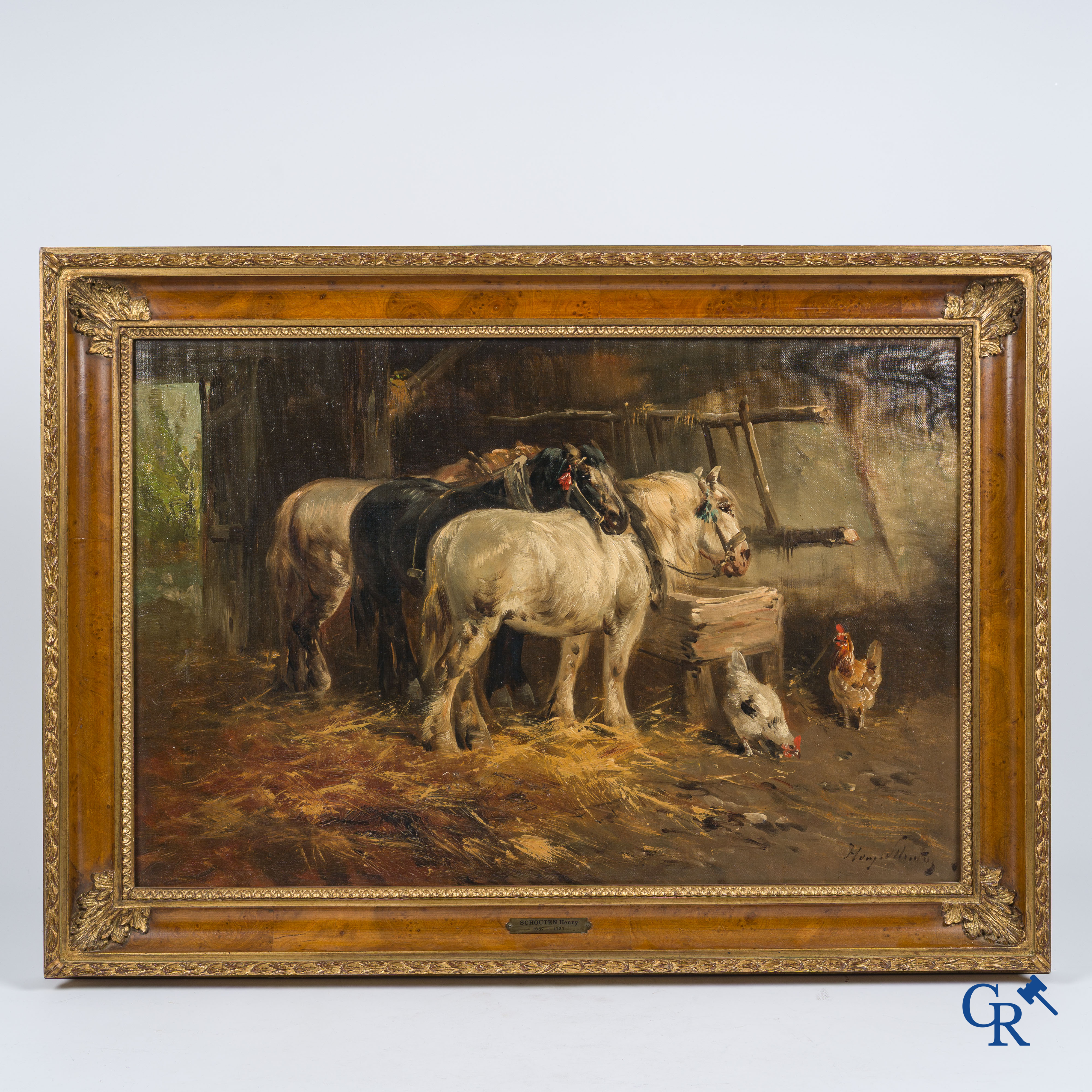 Henry Schouten. Paarden en kippen in een stal. Olie op doek. Gesigneerd rechtsonder.