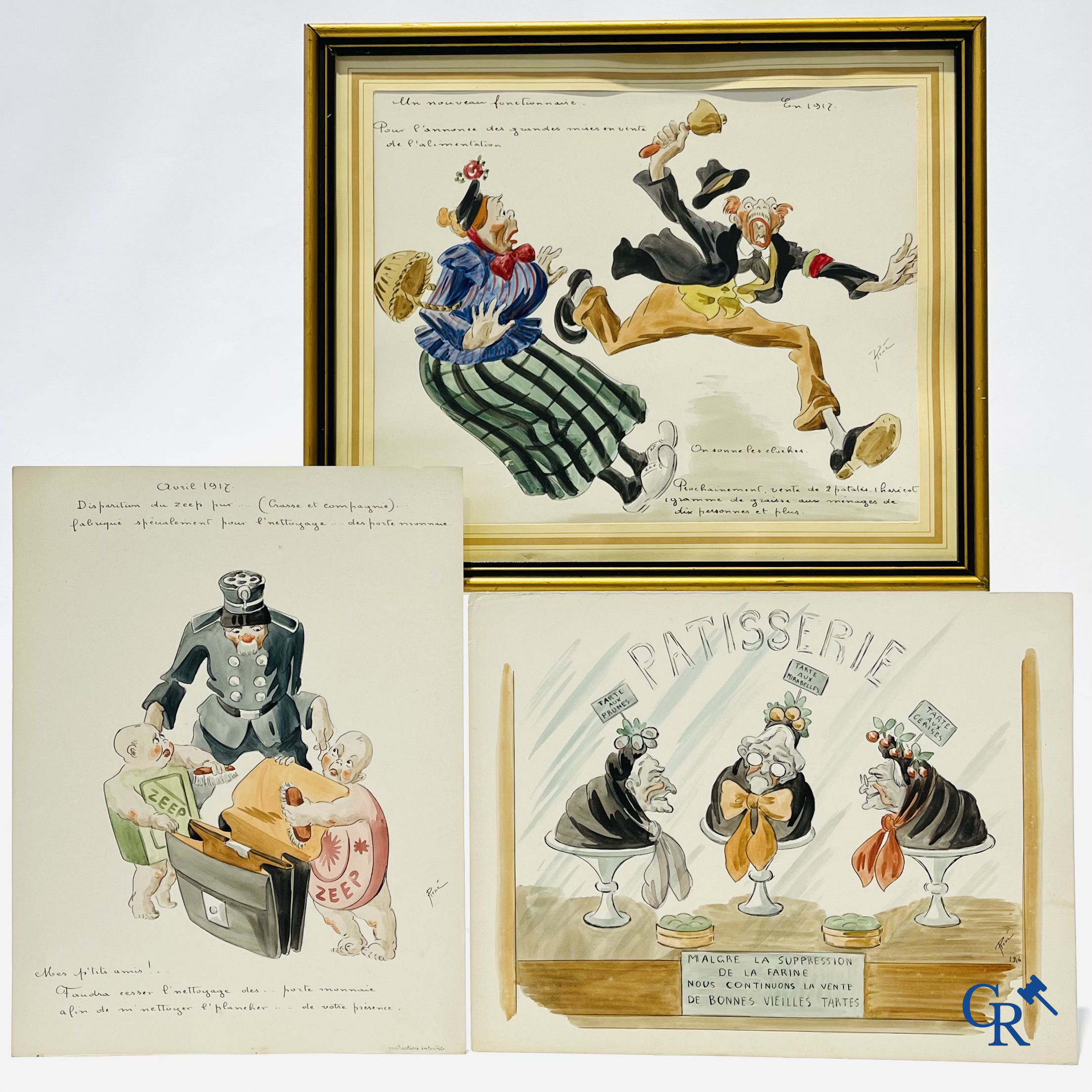 René de Pauw (1887-1946) 3 karikaturen i.v.m. wereldoorlog I. Oost Indische inkt en aquarel op papier.