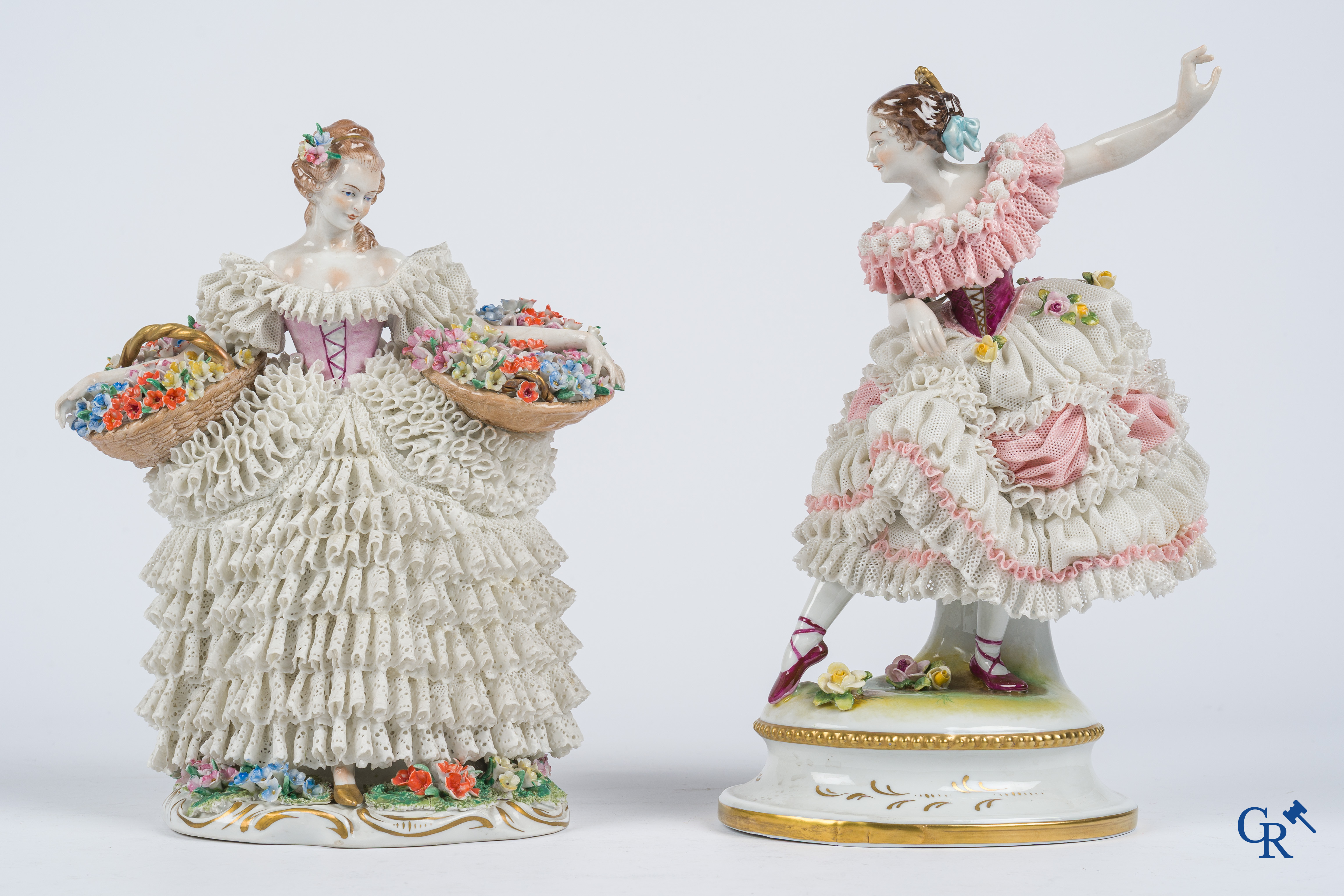 German porcelain. 3 groups in lace porcelain. Marked Volkstedt Rudolstadt and Sitzendorf.