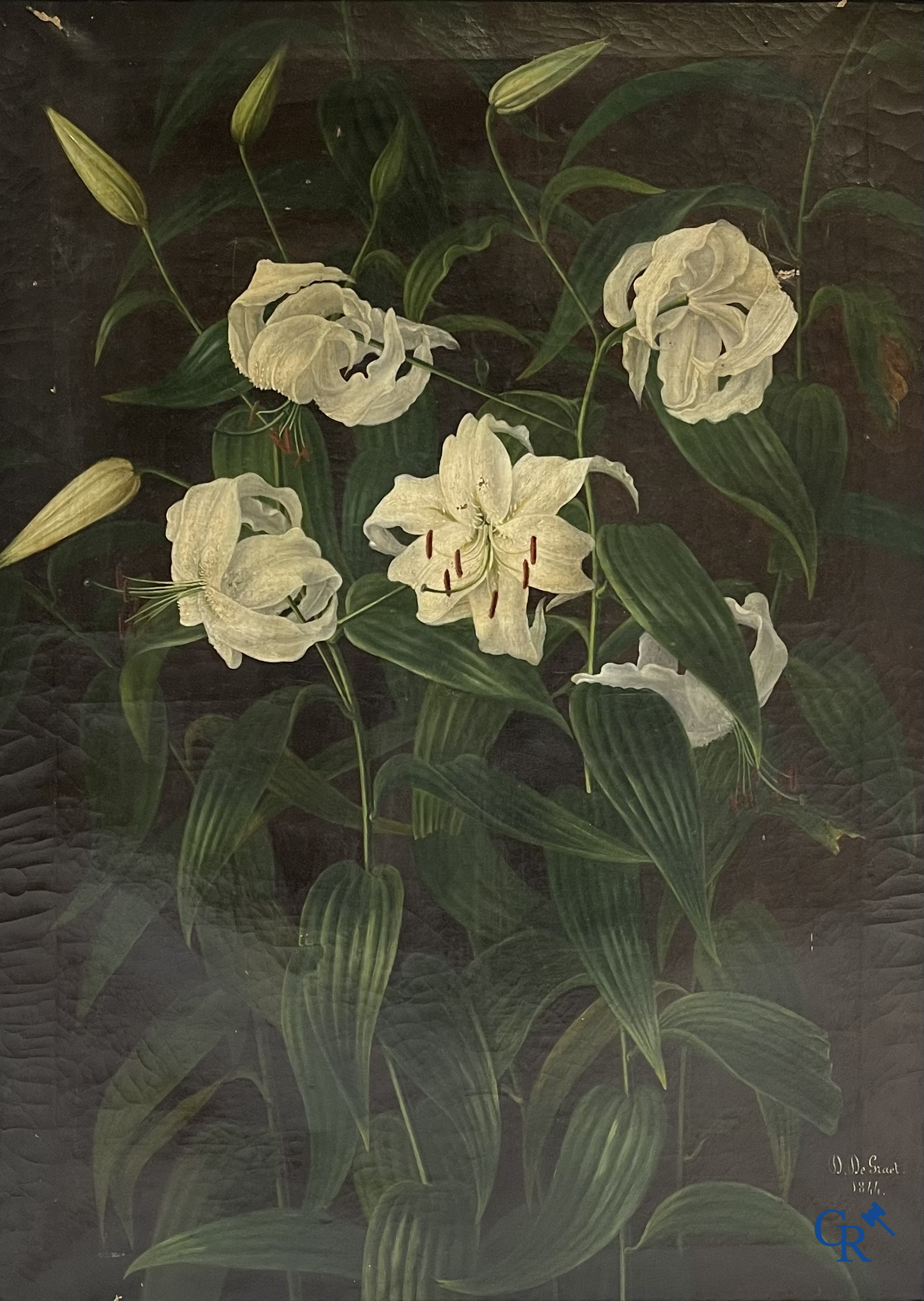 D. De Graet, 1844. Witte lelies. Schilderij, olie op doek. Gesigneerd en gedateerd rechtsonder.