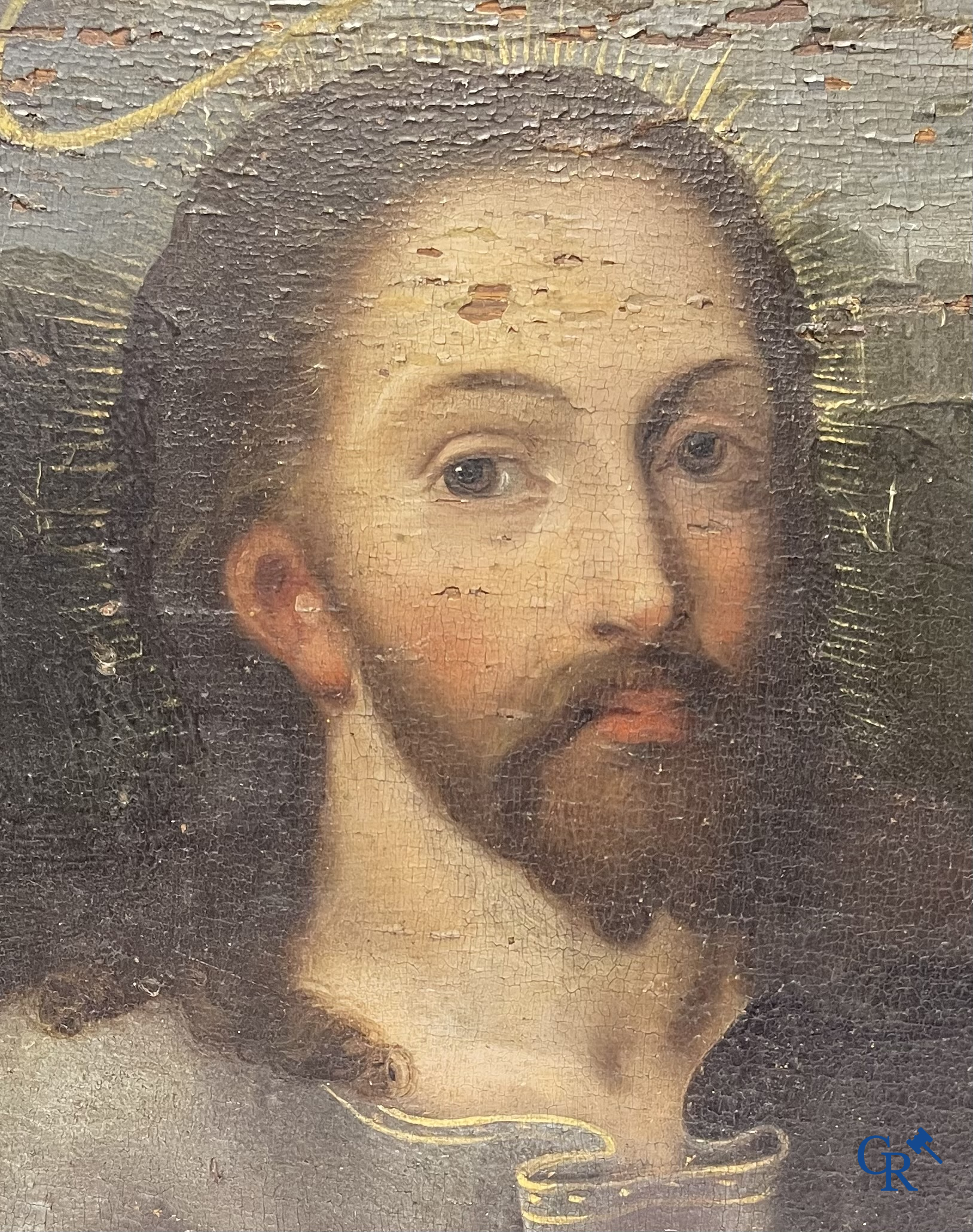 Portret van Jezus Christus. Olie op paneel. Vlaamse school, 17e-18e eeuw.