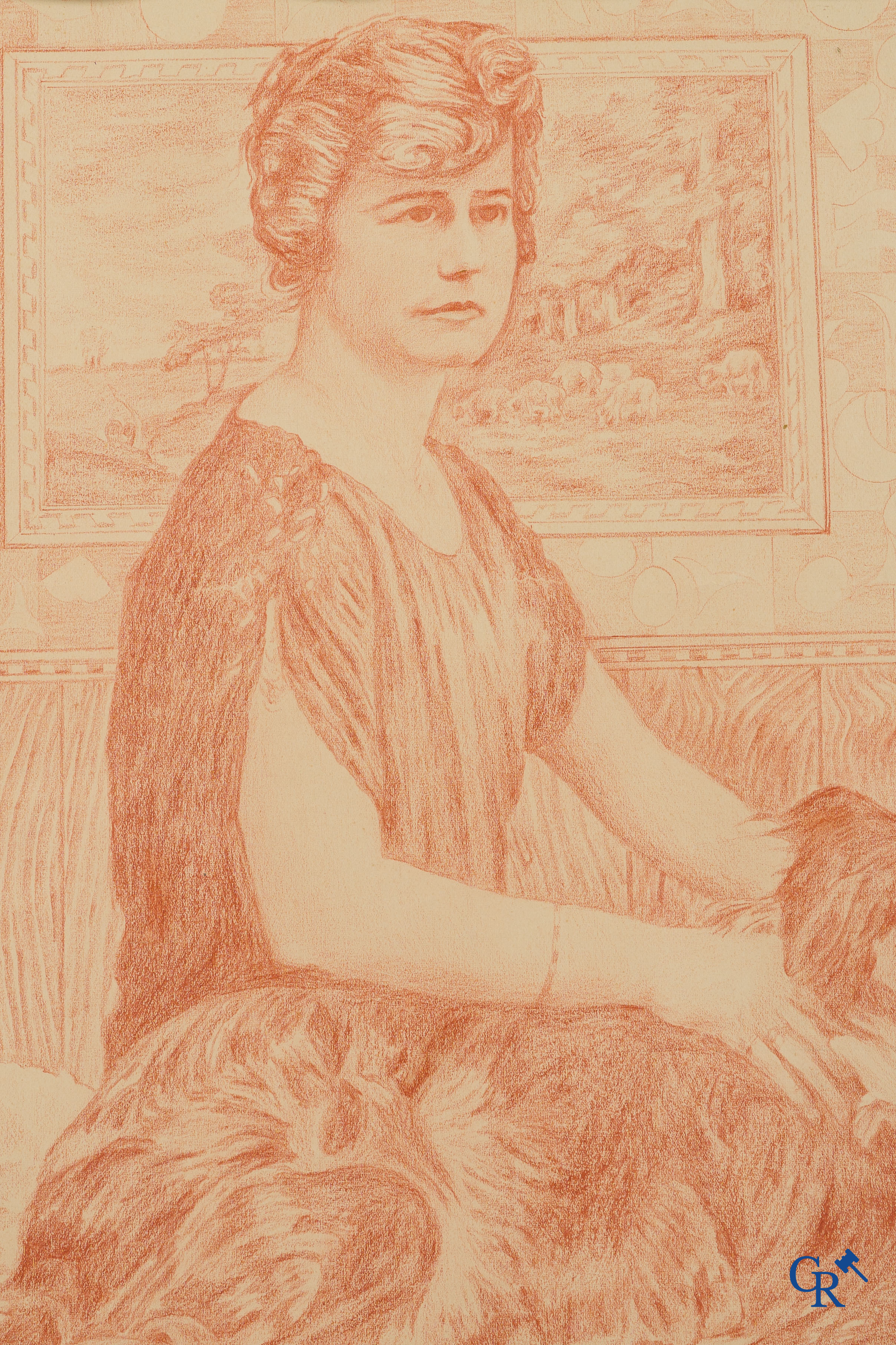 Théo Van Rysselberghe (1862-1926) Portrait of a lady with dogs. Red chalk on paper. Dated 1915.