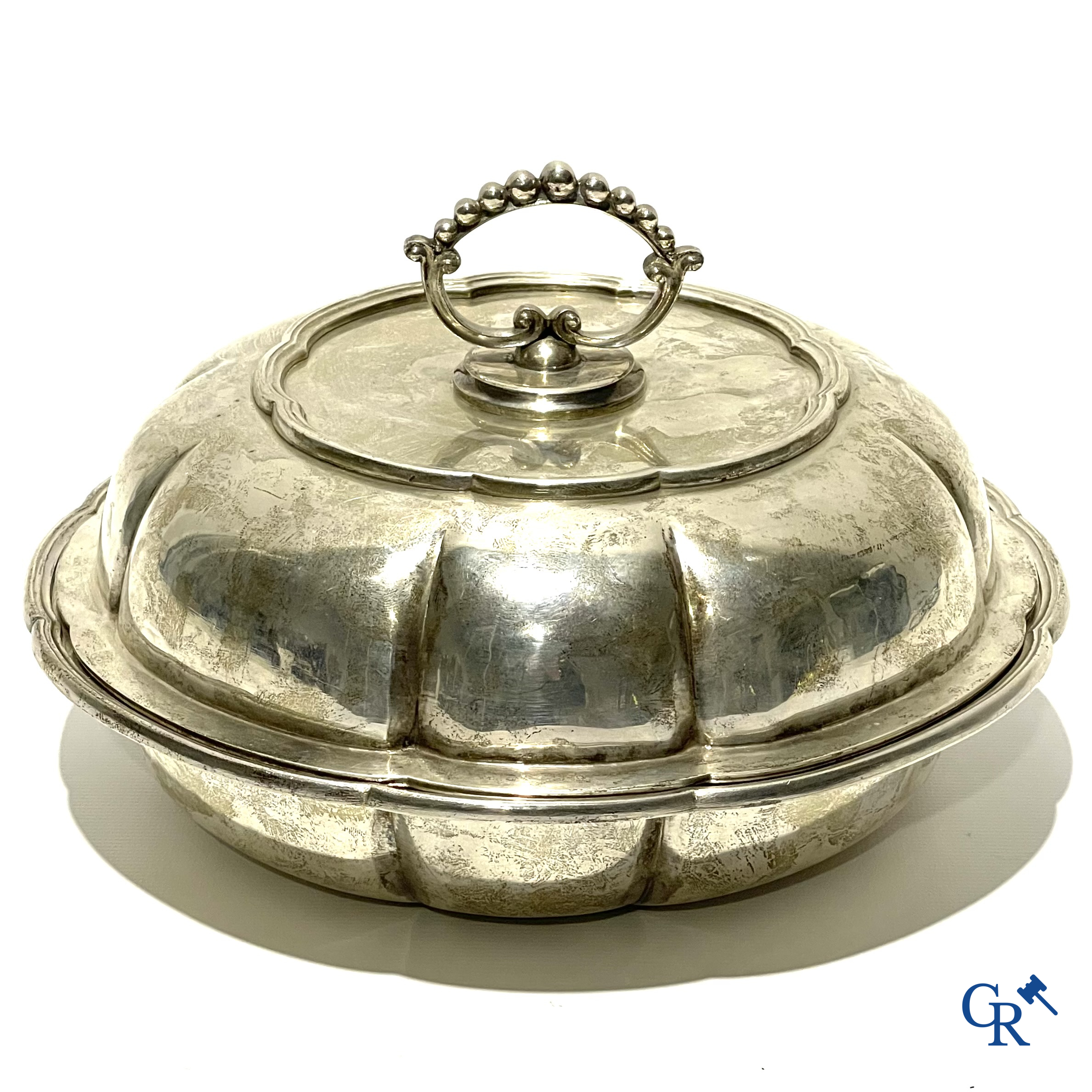 Silver. Large vegetable dish with lobed lid and openwork handle. Multiple hallmarks. 20th century.