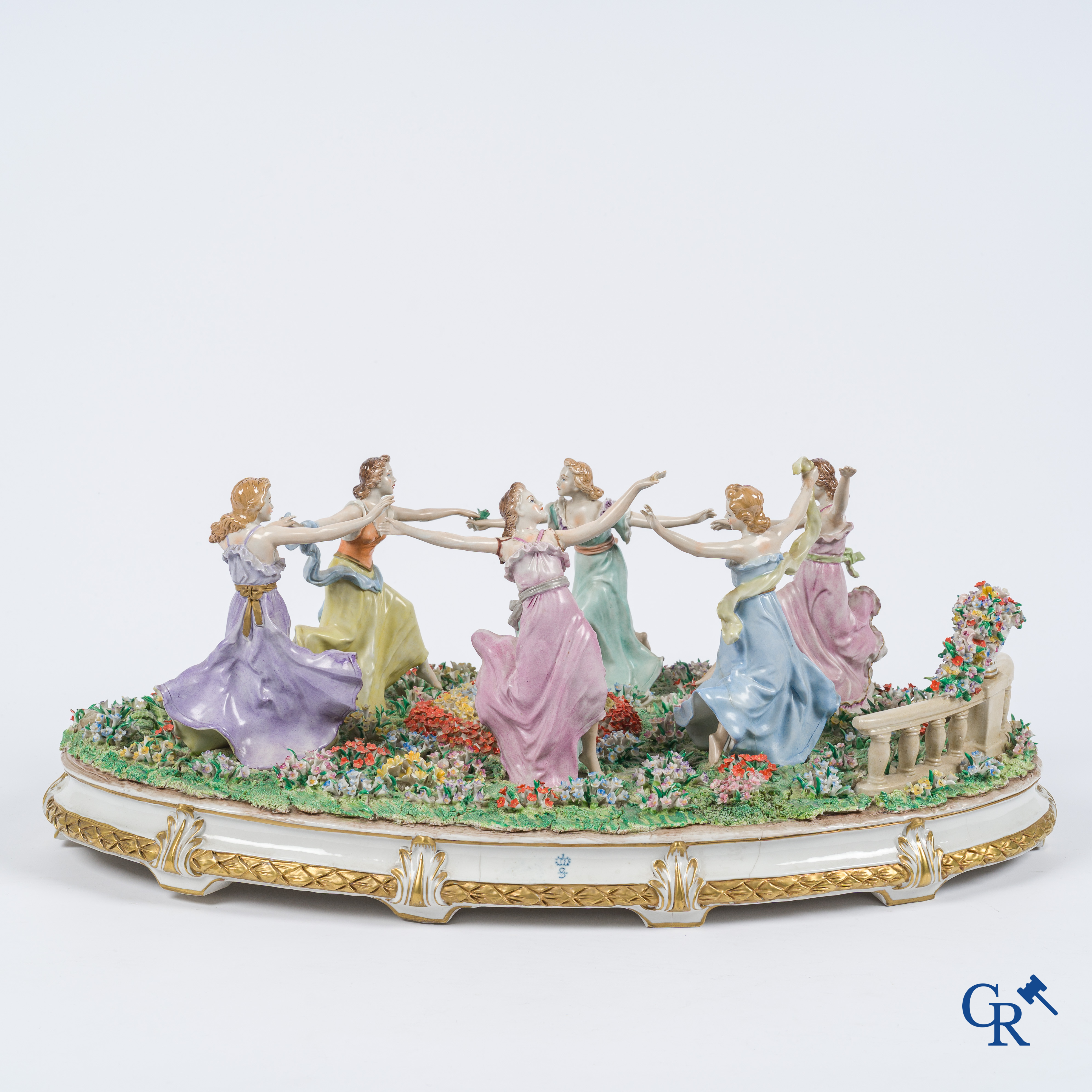German porcelain. Large group in Saxon porcelain. Dancing ladies. Signed Sitzendorf.