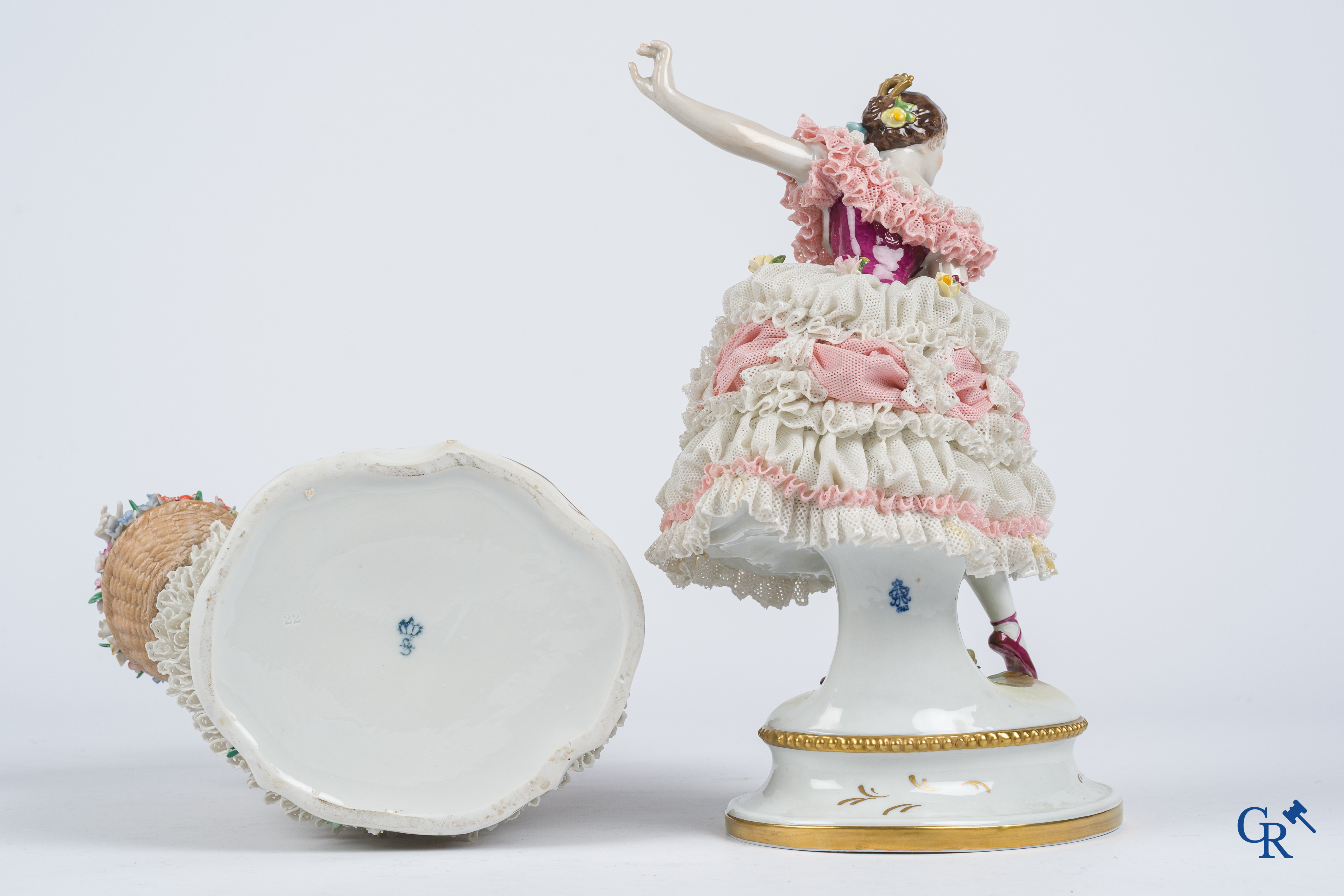 German porcelain. 3 groups in lace porcelain. Marked Volkstedt Rudolstadt and Sitzendorf.
