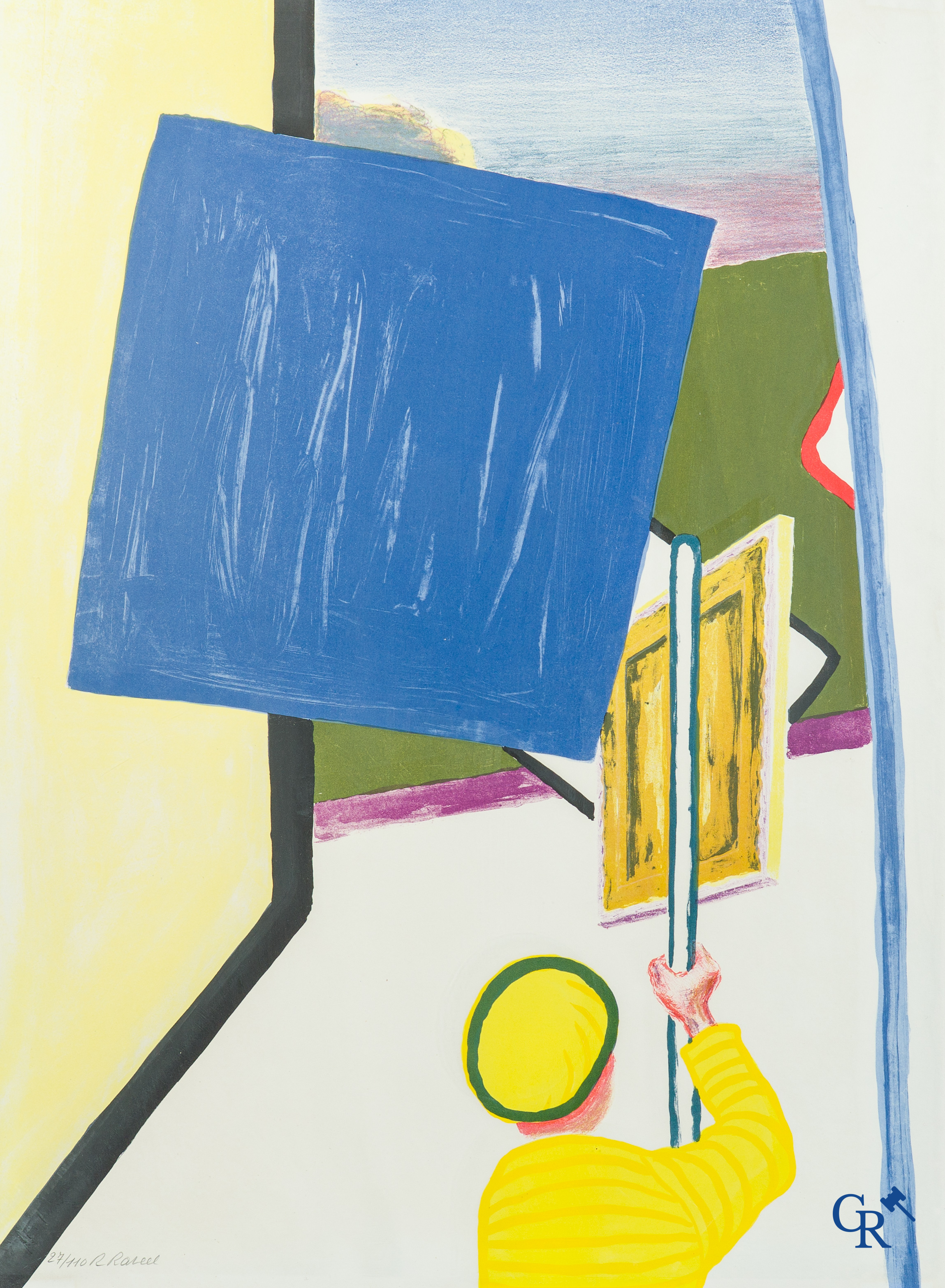 Roger Raveel. Kleurenlithografie, De schilderijenoptocht van 1978 te Machelen aan-de-Leie. 1979, genummerd 27/110.