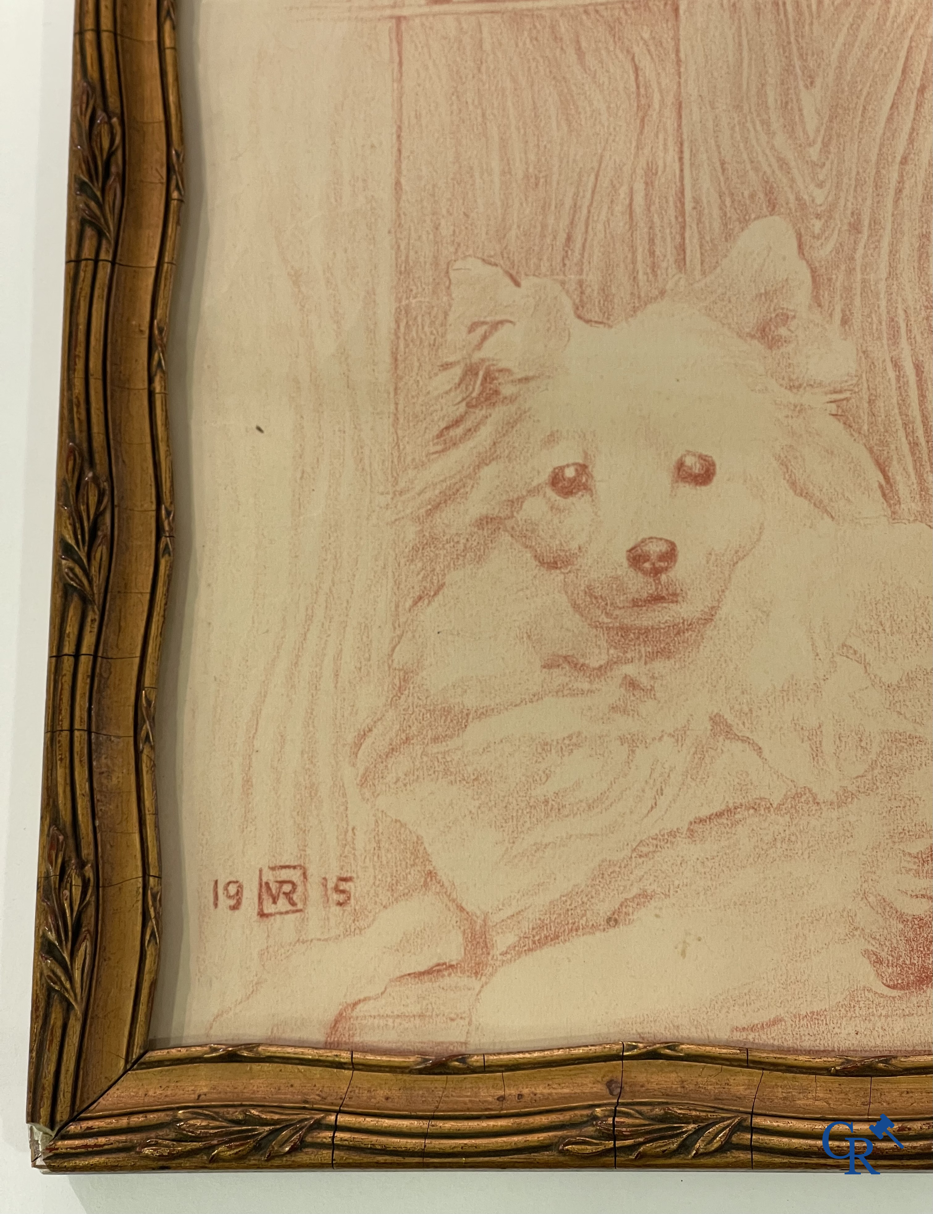 Théo Van Rysselberghe (1862-1926) Portrait of a lady with dogs. Red chalk on paper. Dated 1915.