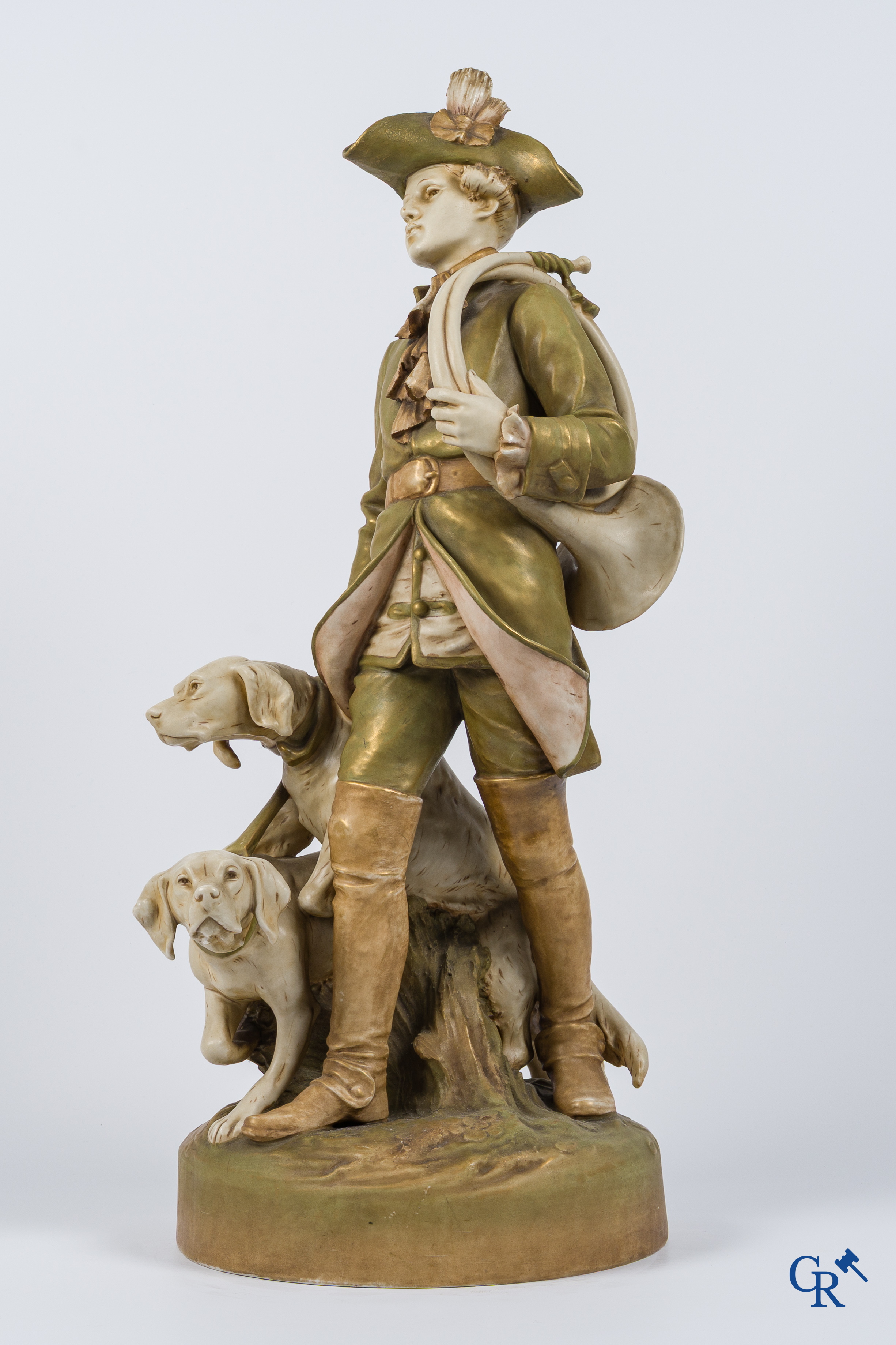 Royal Dux Bohemia. "Piqueur au Relais" Large polychrome group after the model by Hippolyte Moreau and Prosper Lecourtier.