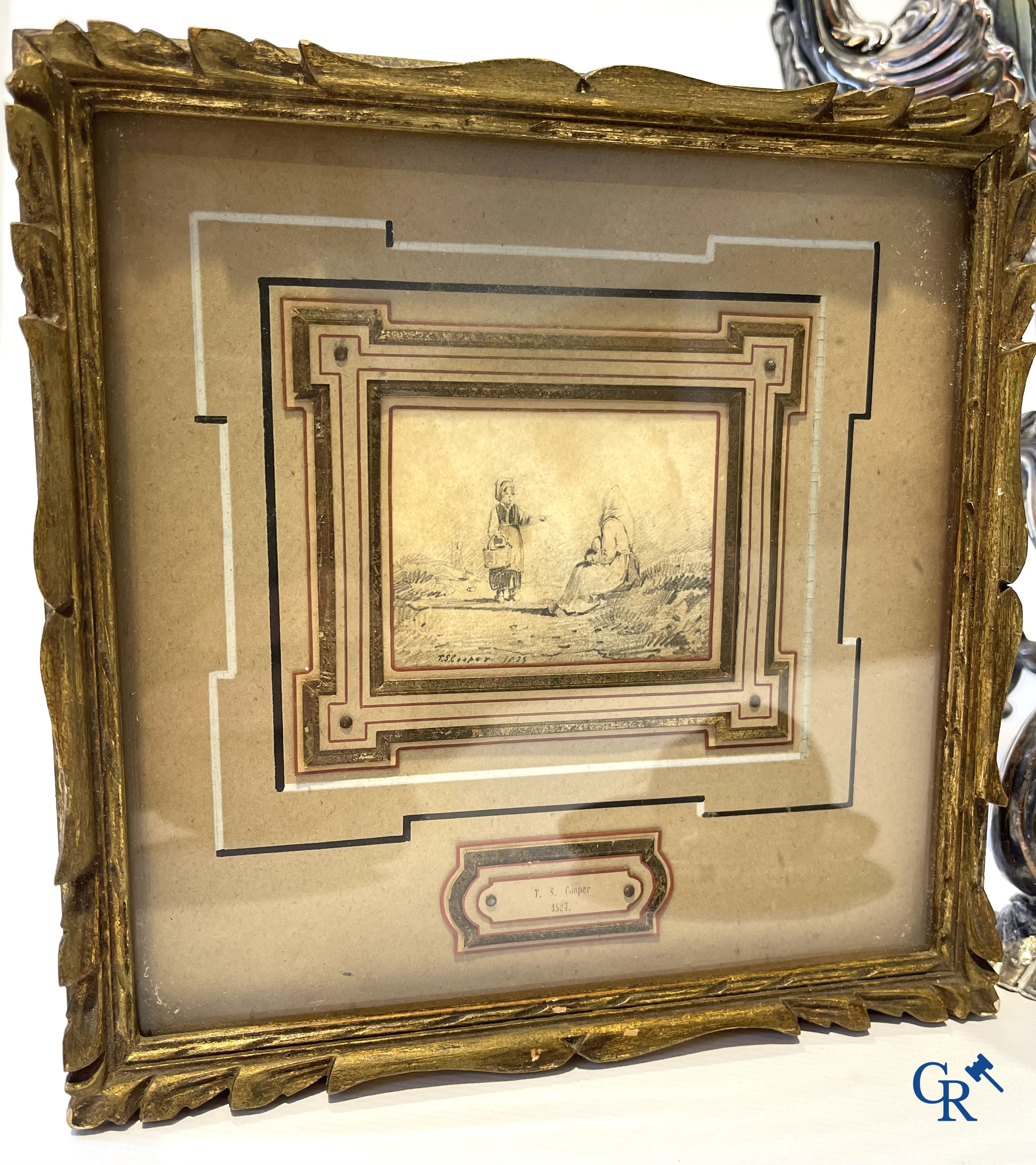 Lot antiques: Carafe, Val Saint Lambert, bronze table bell, carafe with silver frame, miniature Thomas Sidney Cooper, etc.