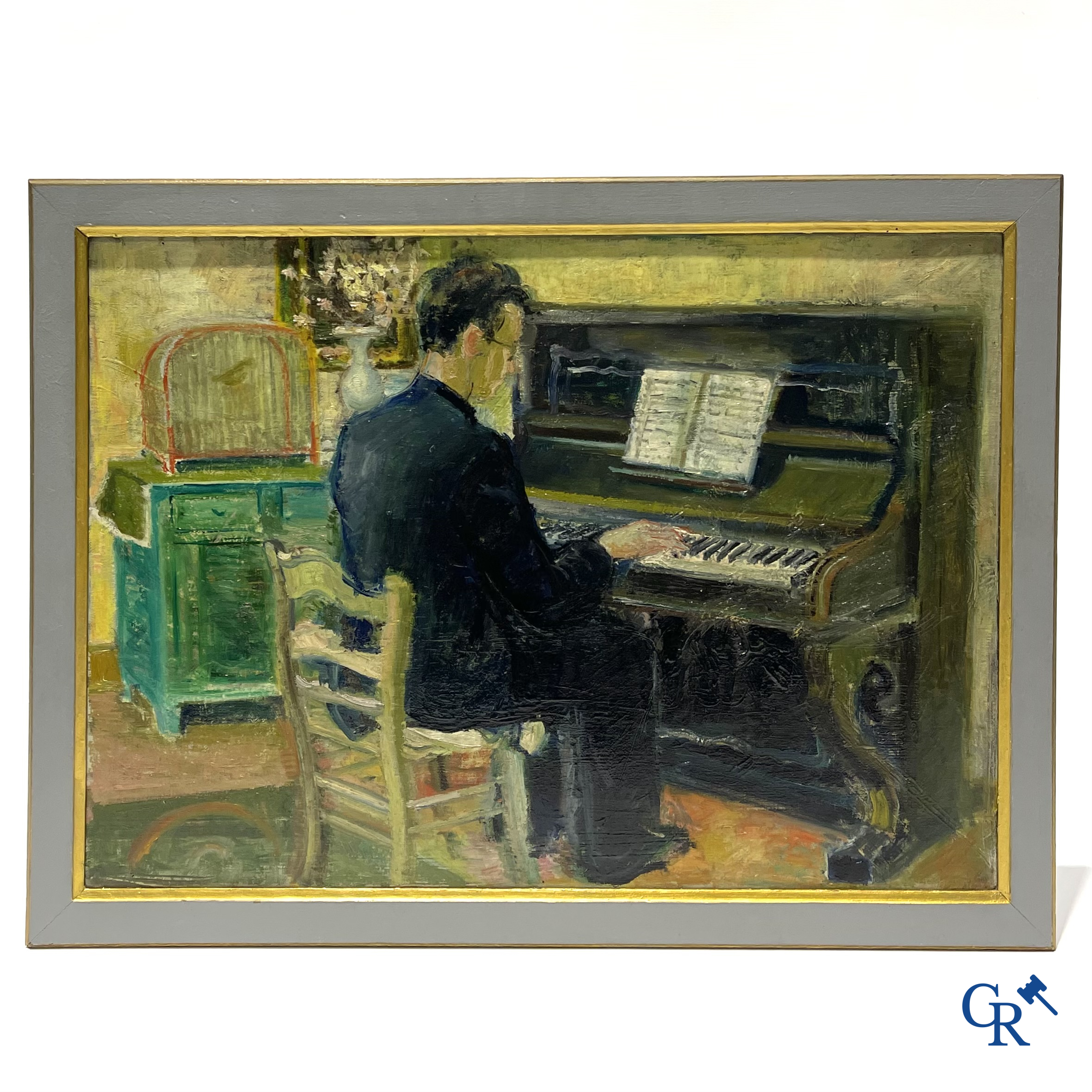 De pianist. Schilderij, olie op doek. Niet gesigneerd.