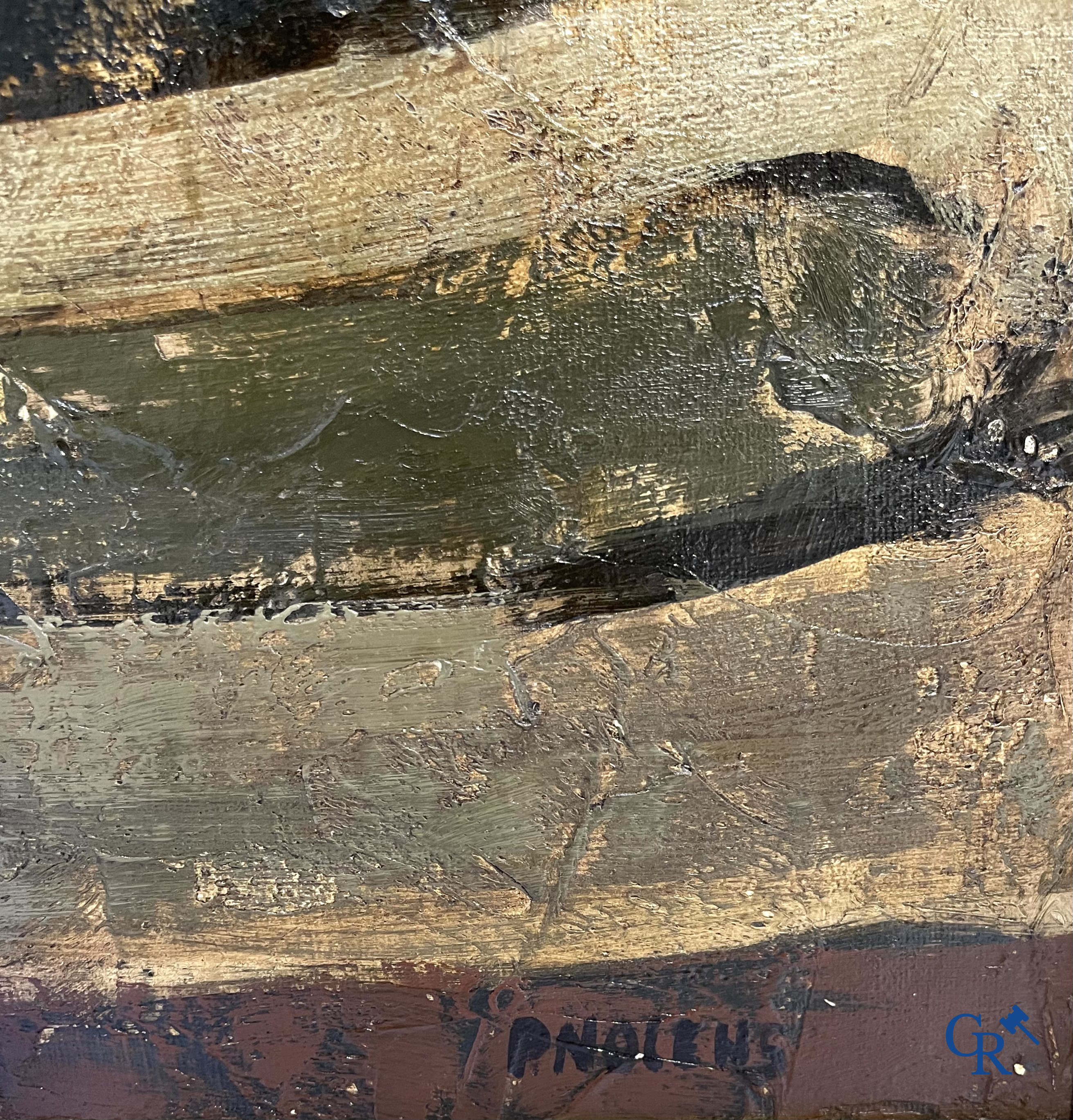 Paule Nolens (1924) Havenzicht. Olie op doek. Gesigneerd rechtsonder.