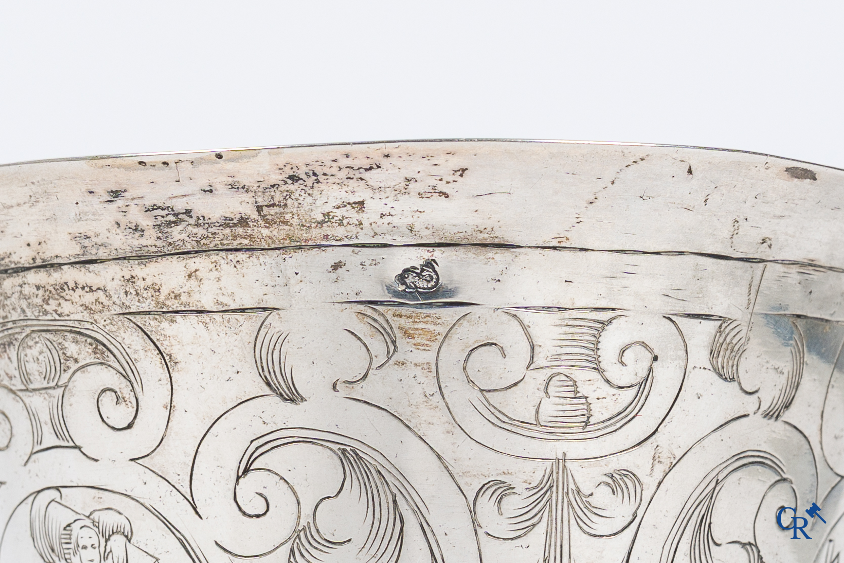 Holland, 17th century. Groningen cup in silver with Thaler of Osnabrück 1633 in the bottom. 