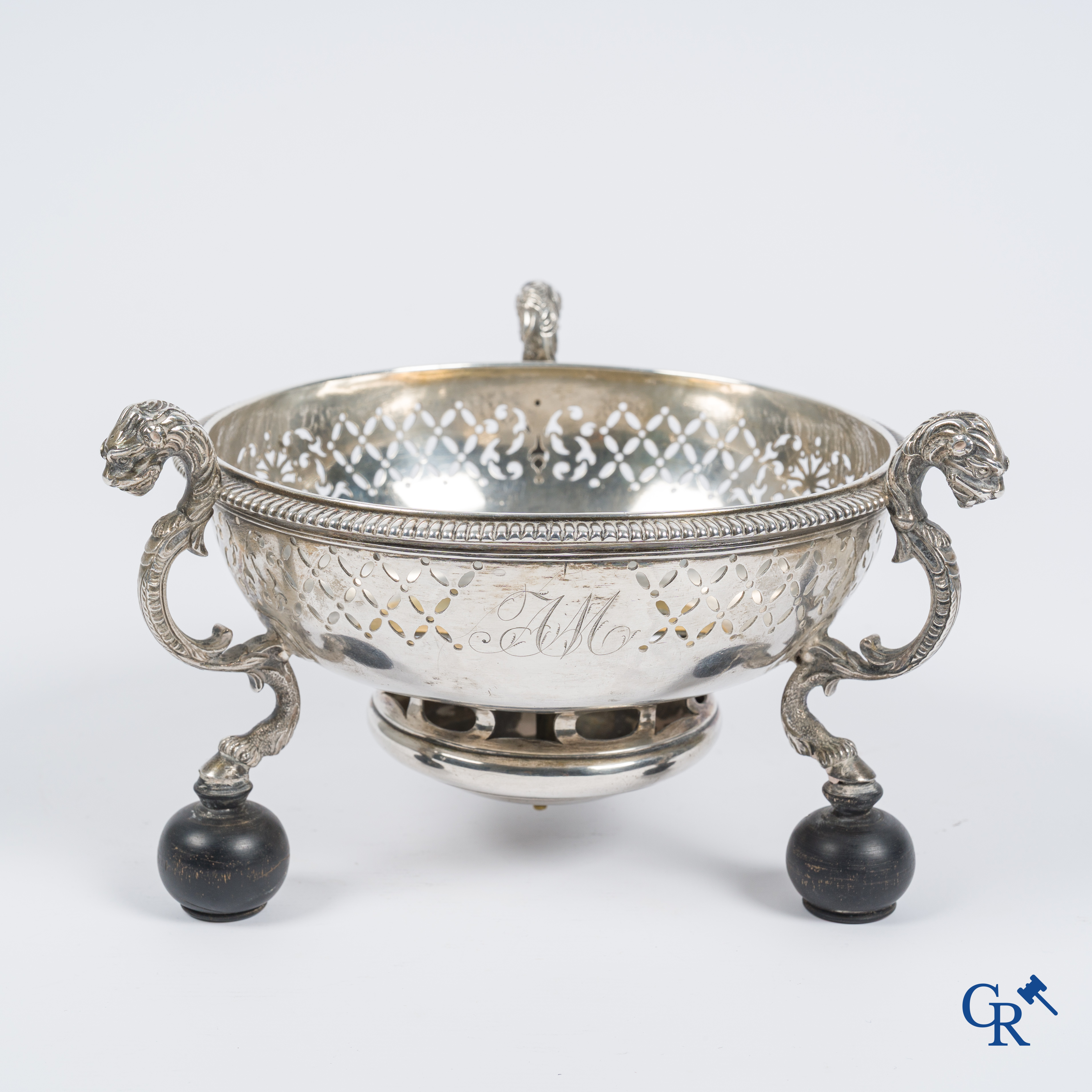 Silver. Three-legged table stove or "Réchaud à braises" No hallmarks visible. Probably Mons, early 18th century.