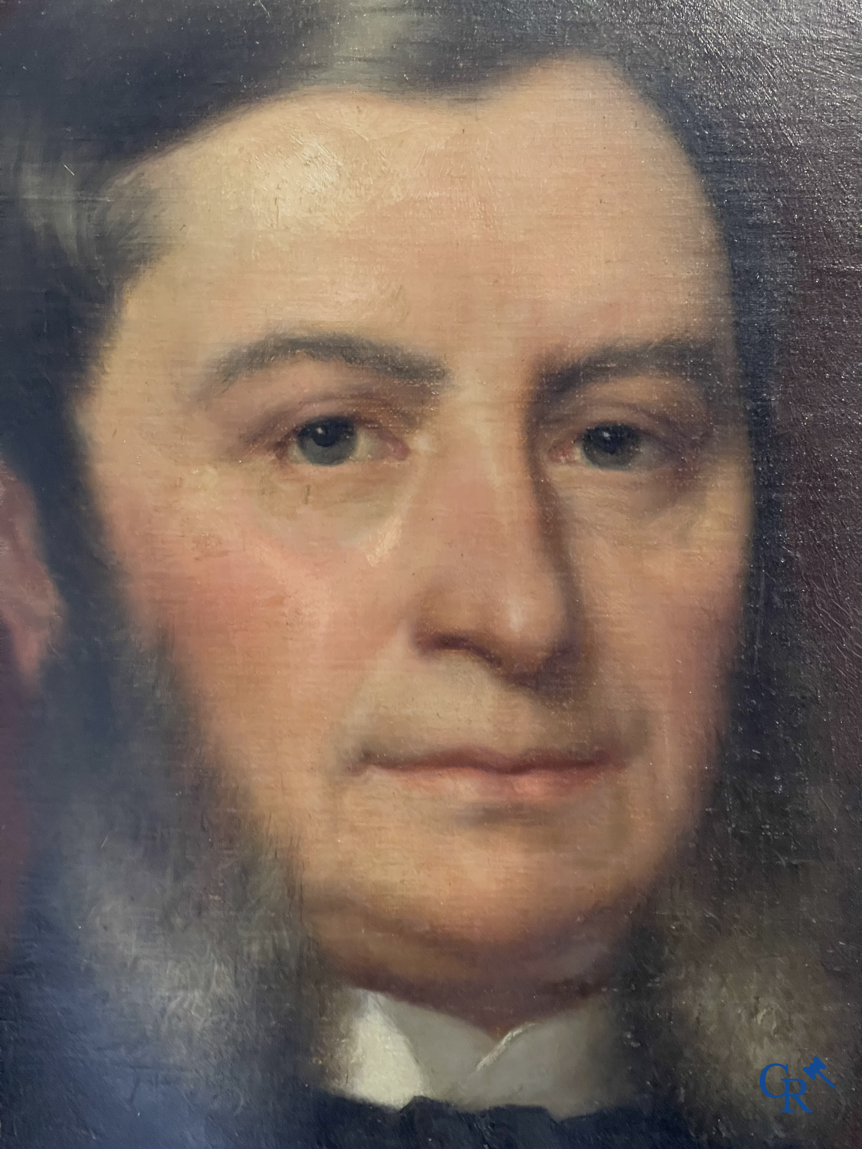 Delfosse Auguste (1832-1899) Paar portretschilderijen met imposante vergulde kaders. Olie op doek. Gesigneerd.