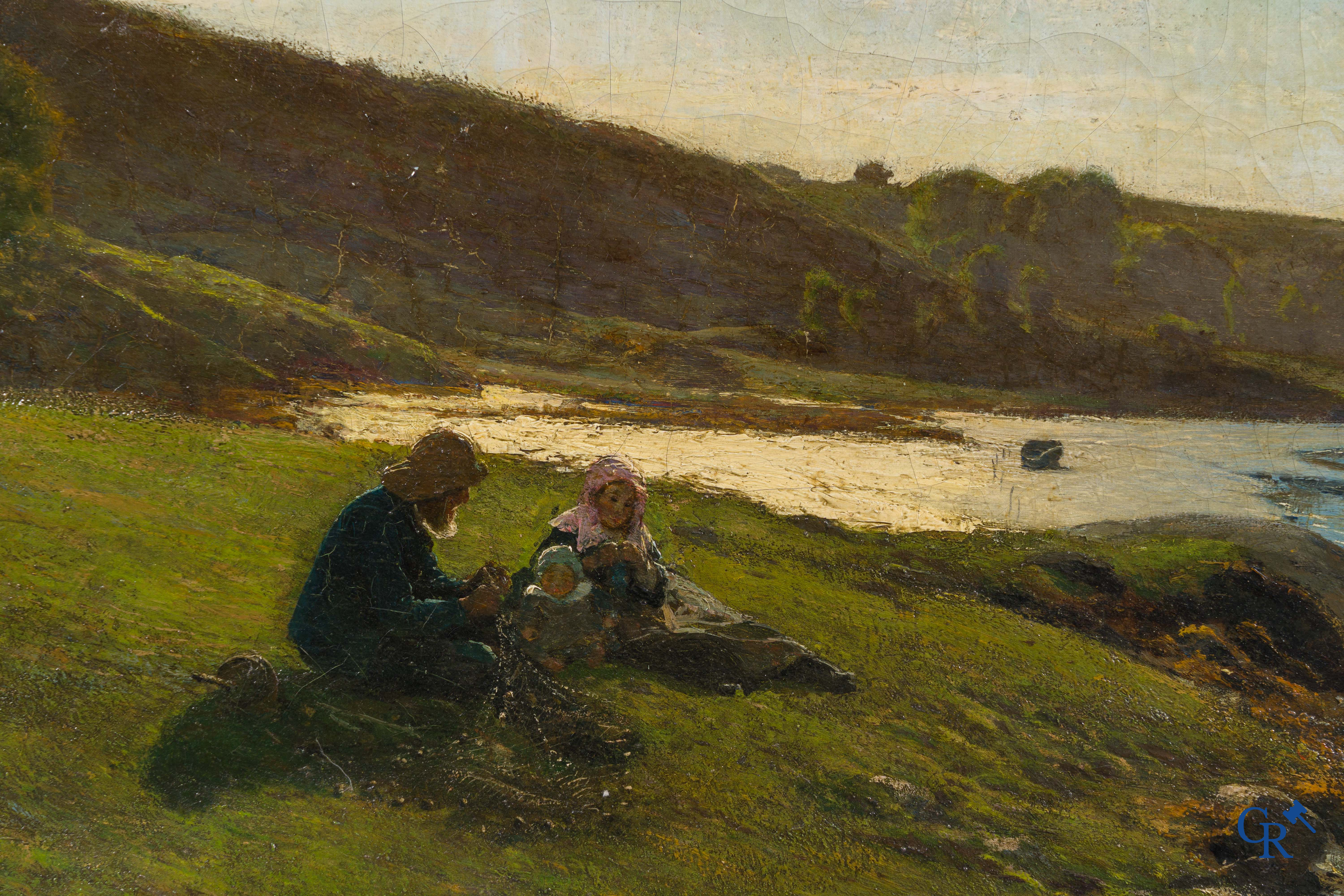 Alfred Edward Emslie (1848-1918) Fishermen's family on the coast, oil on canvas.