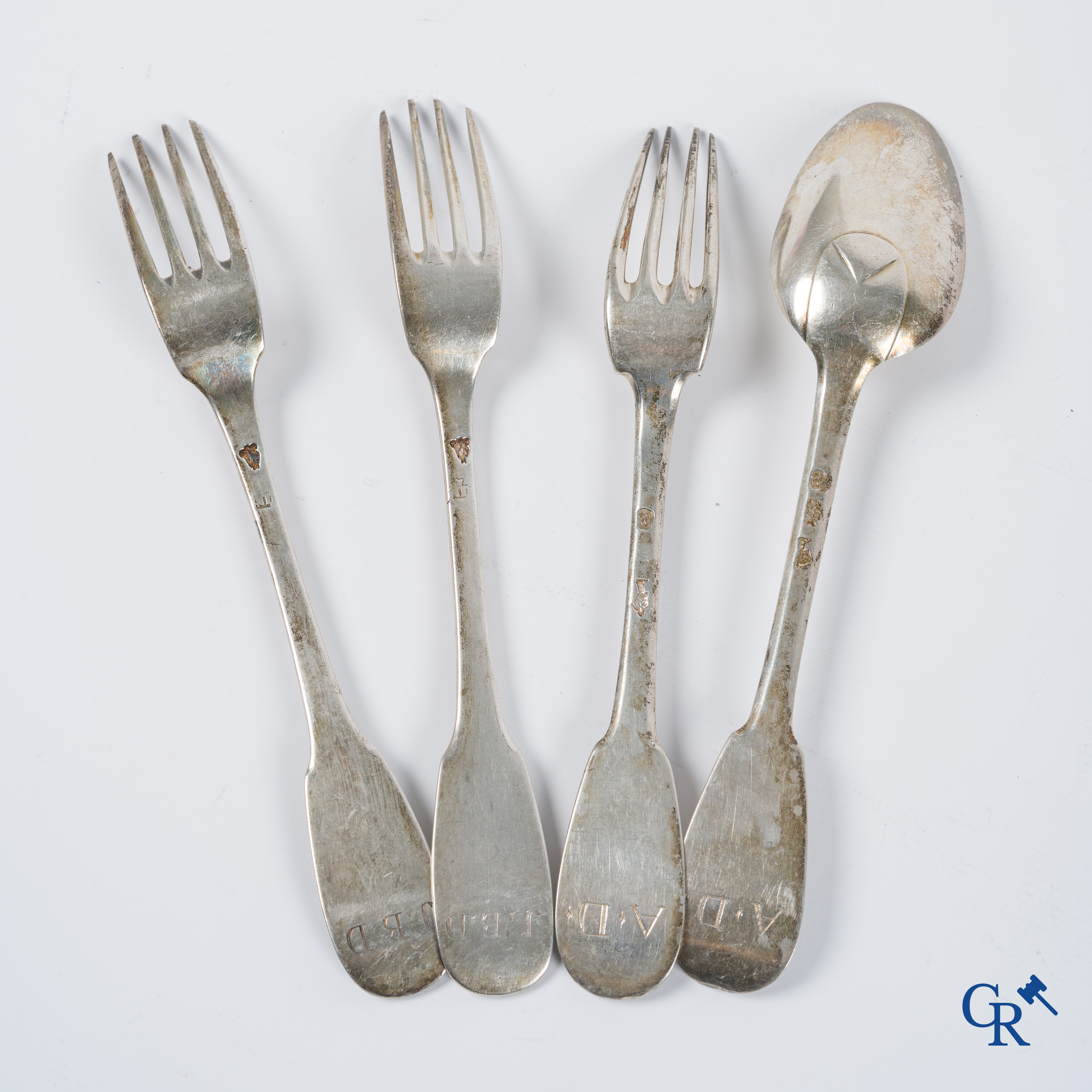 Silver. Very interesting and big lot with silver cutlery. 18th century. Different hallmarks. 20 forks and 15 spoons.