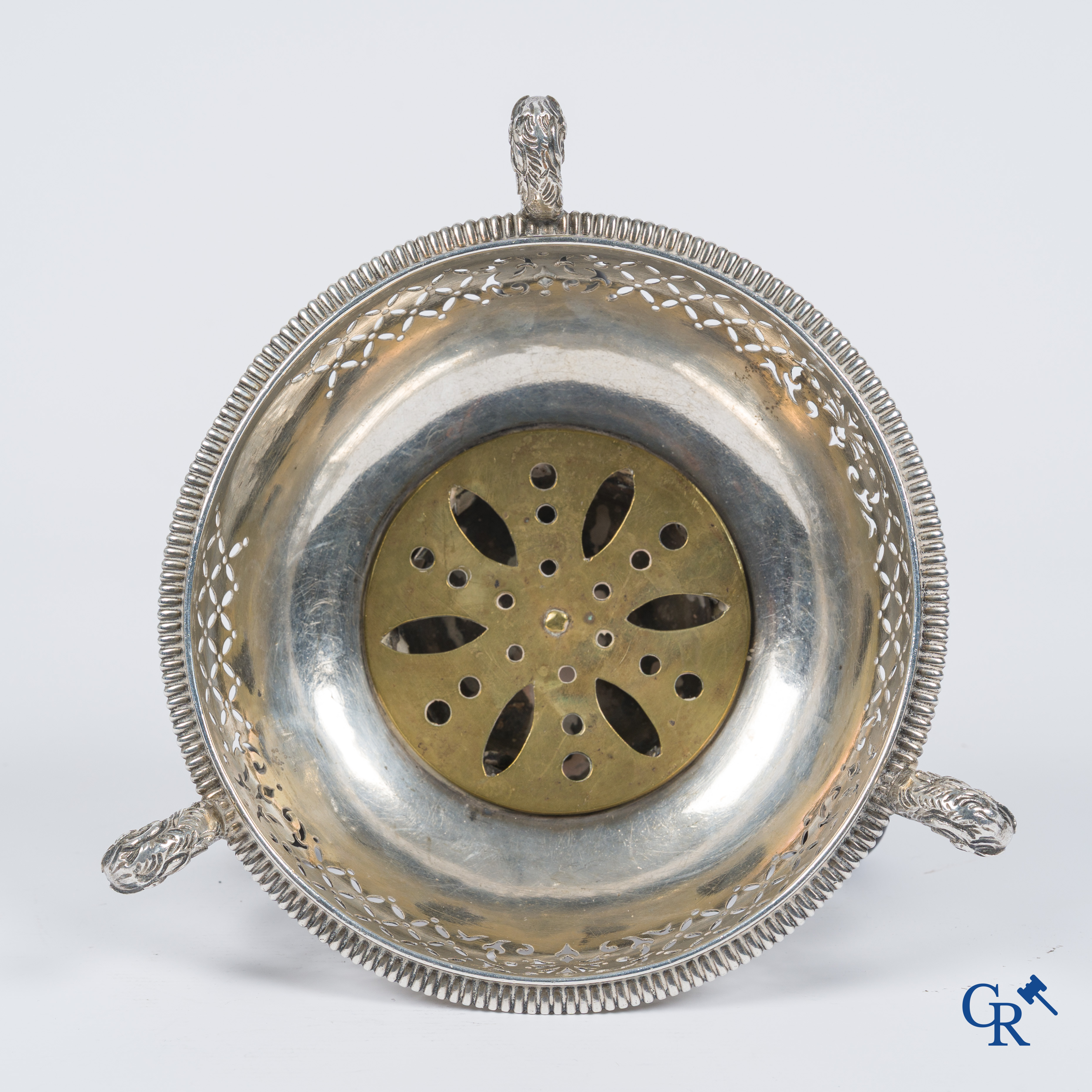 Silver. Three-legged table stove or "Réchaud à braises" No hallmarks visible. Probably Mons, early 18th century.