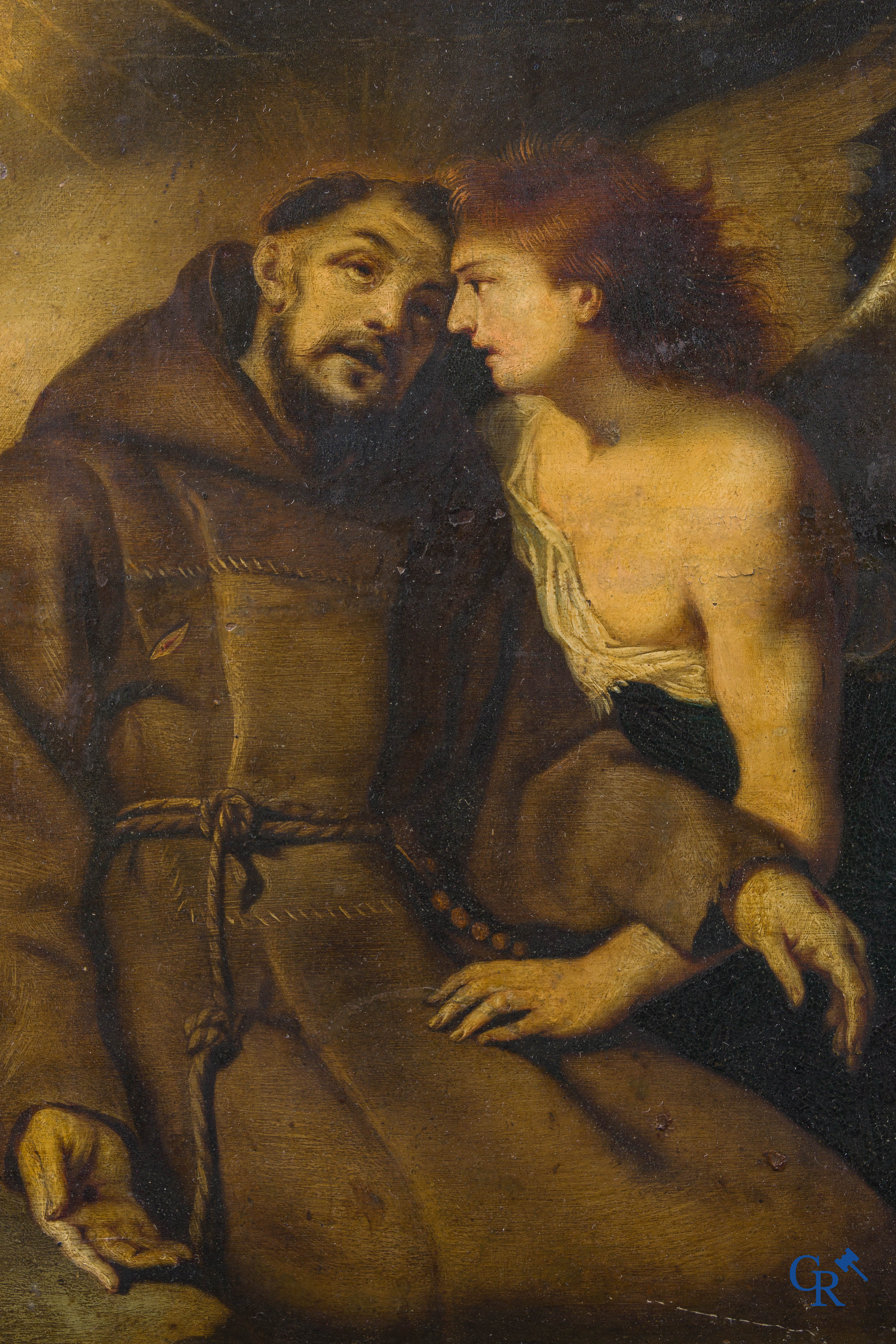 Sint Franciscus van Assisi, getroost door een engel. Olie op koper. Geparketteerd. 18e eeuw.