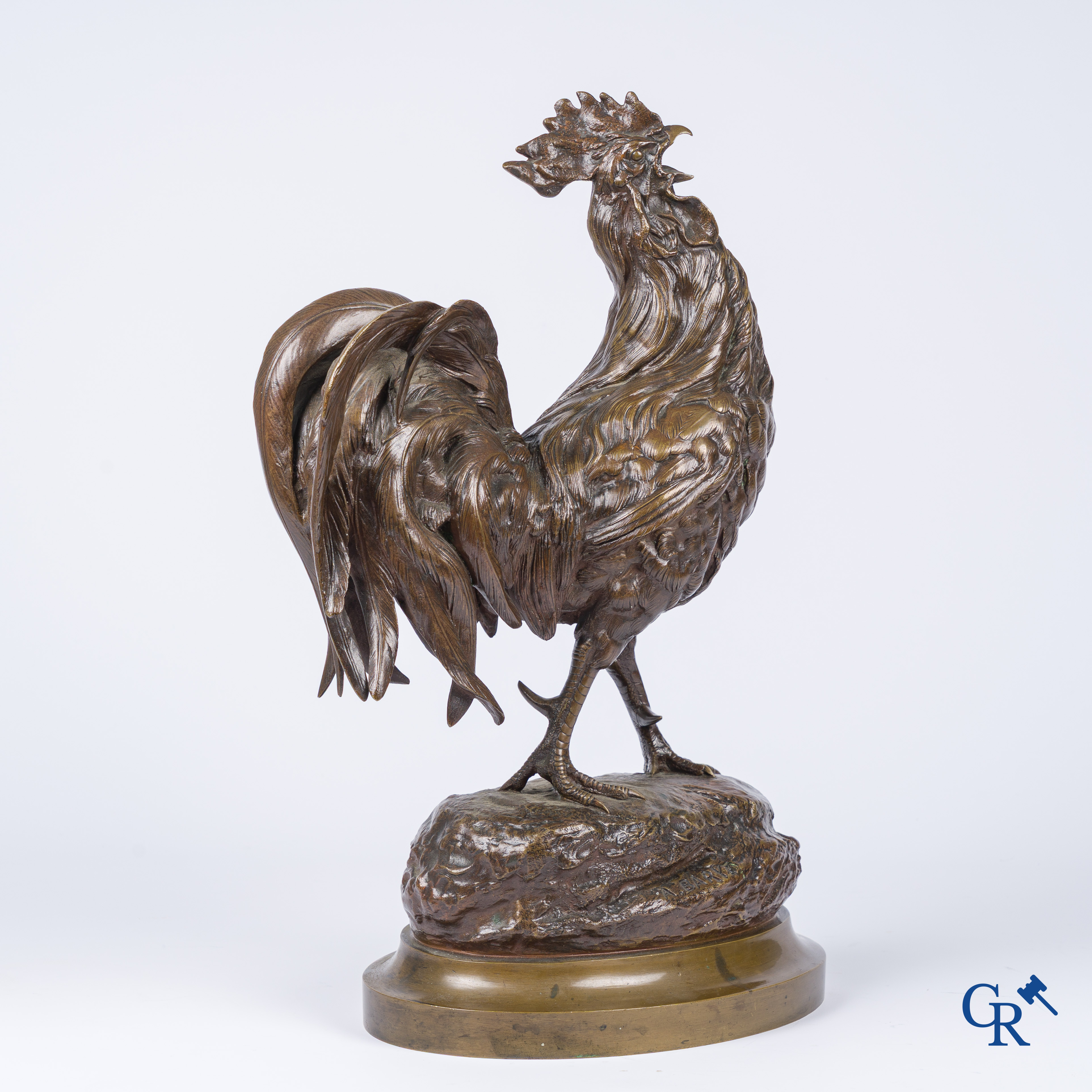 A Barye. Bronze rooster with brown patina. Signed. 19th century.