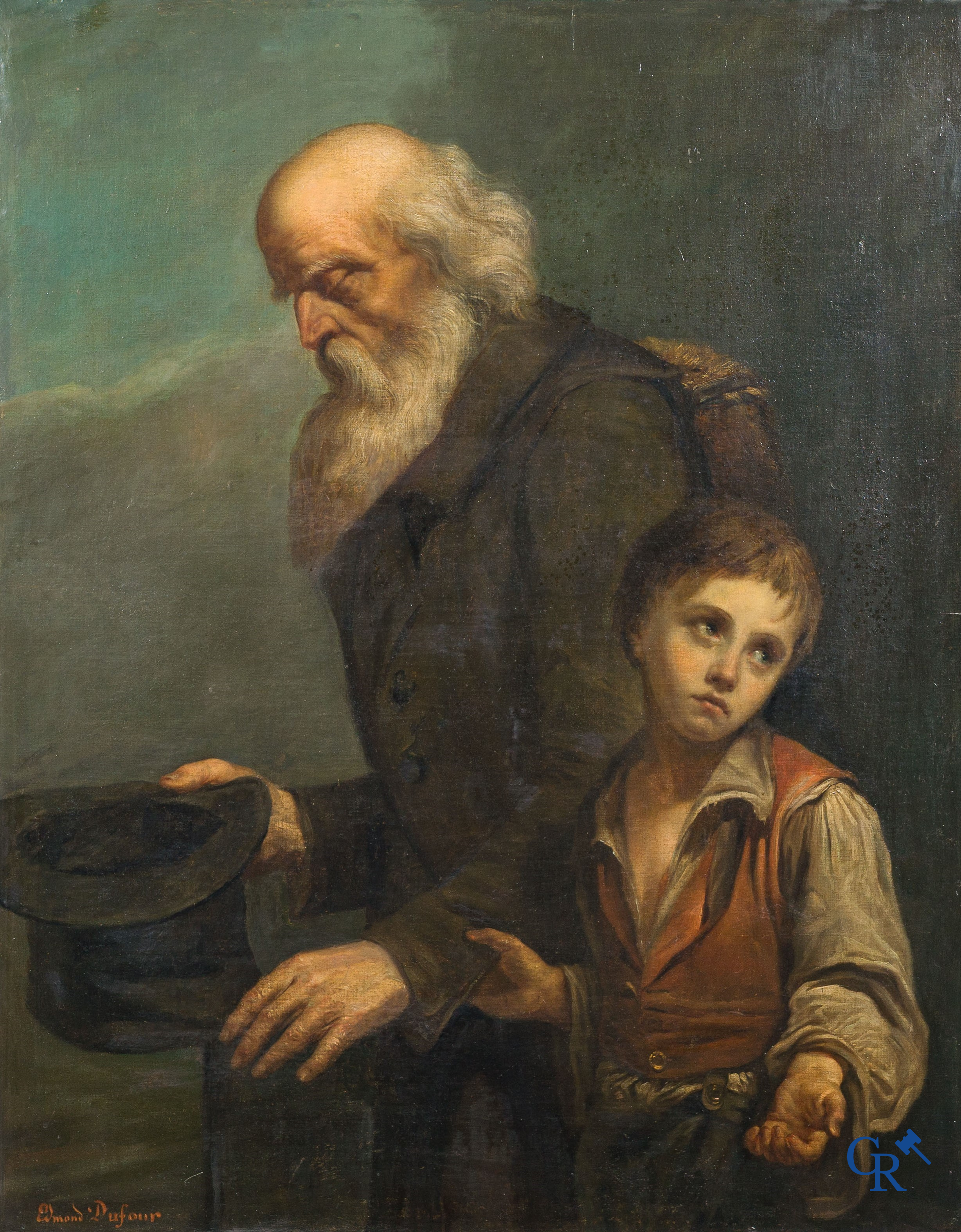 Edmond Dufour. Painter from Péronne, France. The beggars. Painting, oil on canvas in imposing gilded frame.