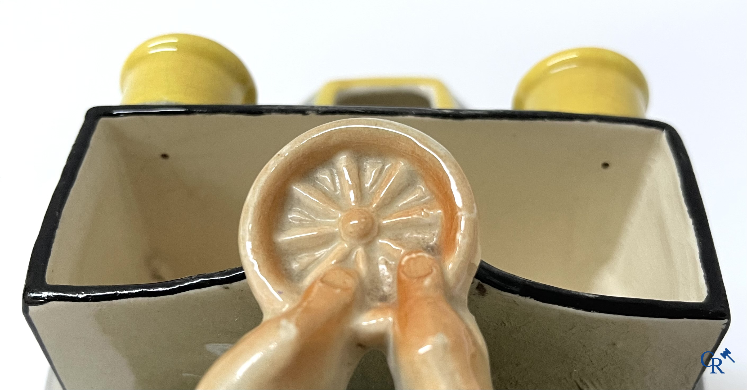 Faïencerie Fives Lille. L'Automobiliste, a large tobacco jar in the shape of a vintage car with a driver. Around 1910.