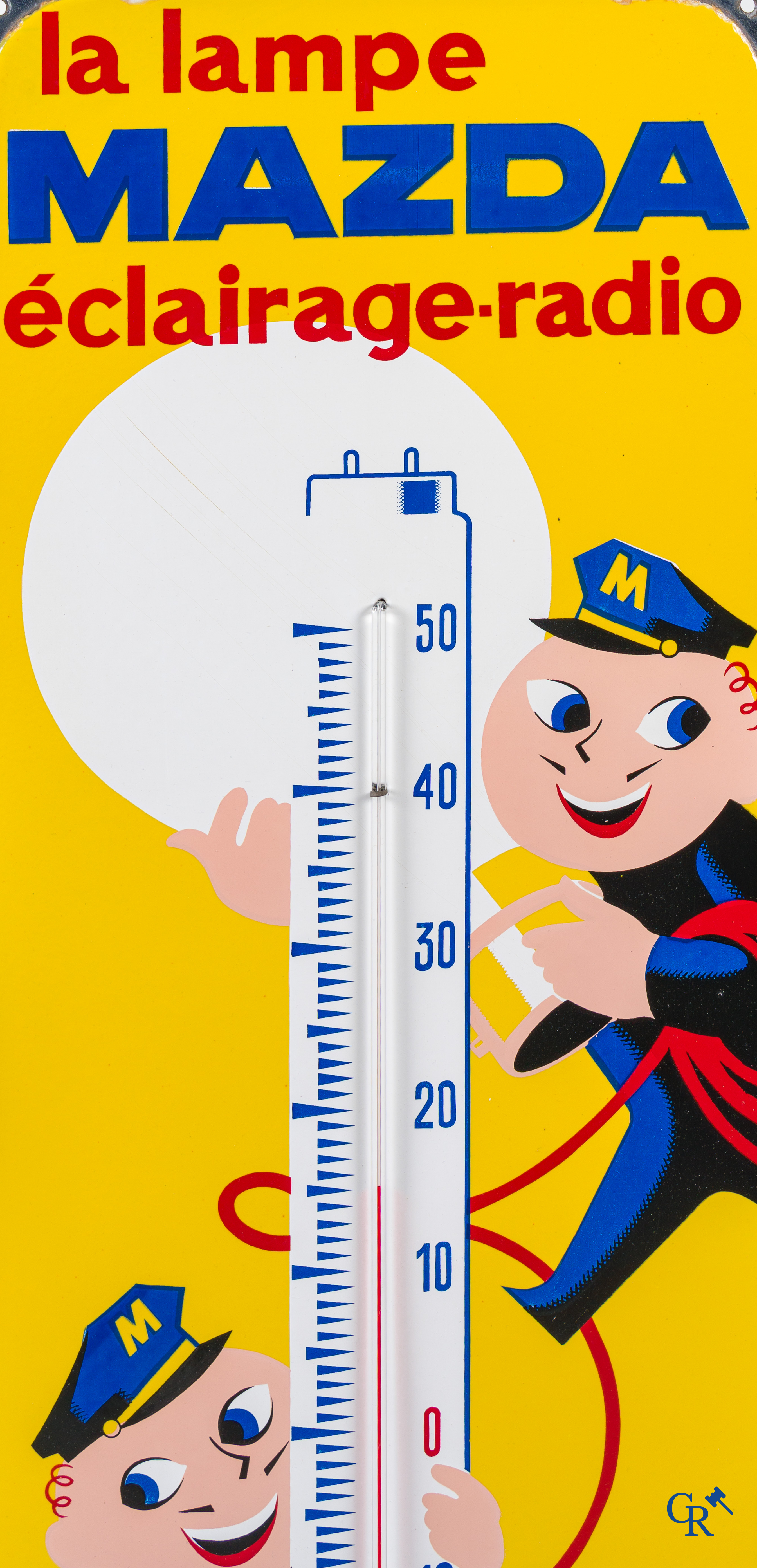 Mazda, emaille publiciteits thermometer voor verlichting- en radiolampen Mazda. 50-60'er jaren.